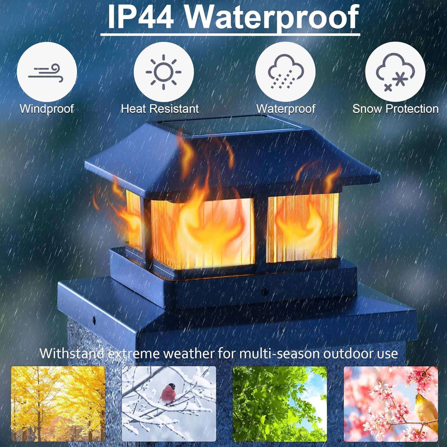 Dynaming Solar Flame Post Cap Lights Outdoor, Solar Powered Fence Post Light, Flickering Flame LED Lantern Lamps Waterproof for Garden Deck Patio, Fit 4x4, 5x5 or 6x6 Vinyl/Wooden Posts, 8 Pack