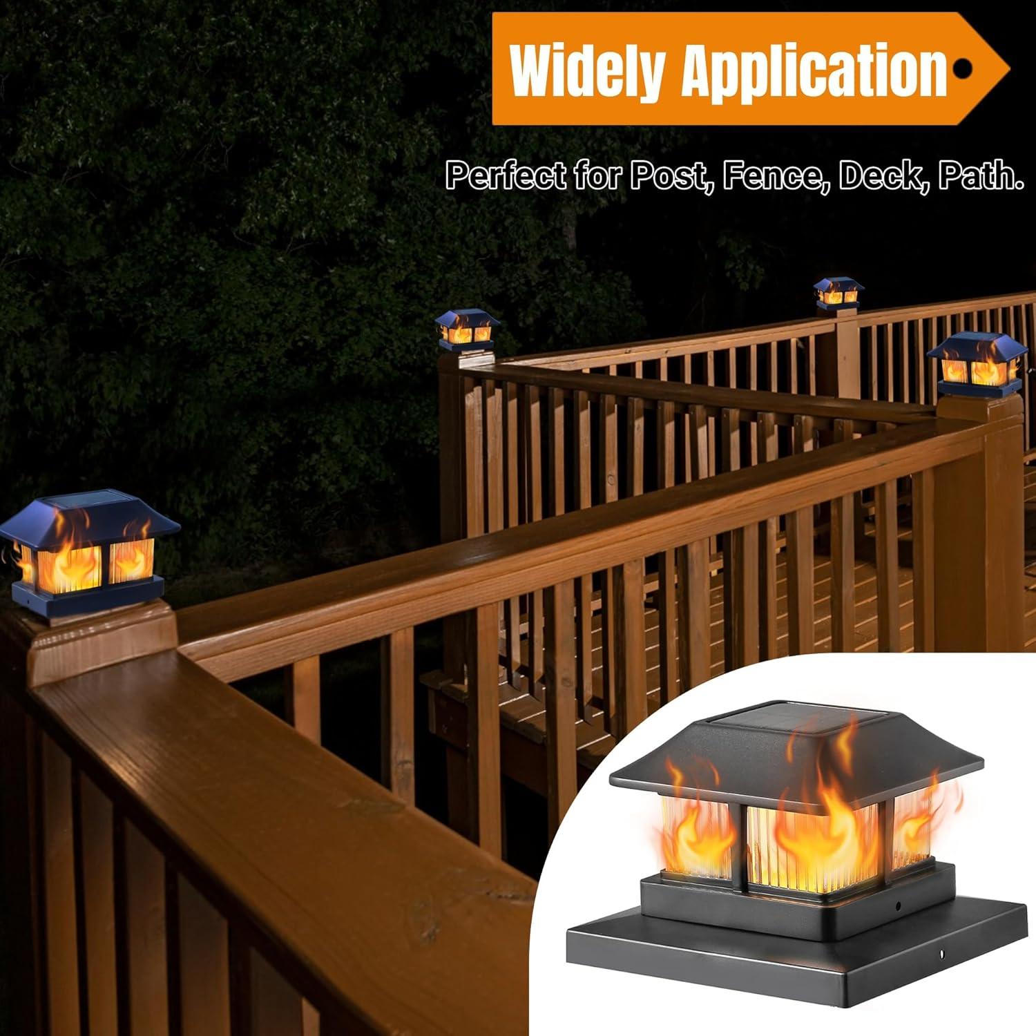 Dynaming Solar Flame Post Cap Lights Outdoor, Solar Powered Fence Post Light, Flickering Flame LED Lantern Lamps Waterproof for Garden Deck Patio, Fit 4x4, 5x5 or 6x6 Vinyl/Wooden Posts, 8 Pack