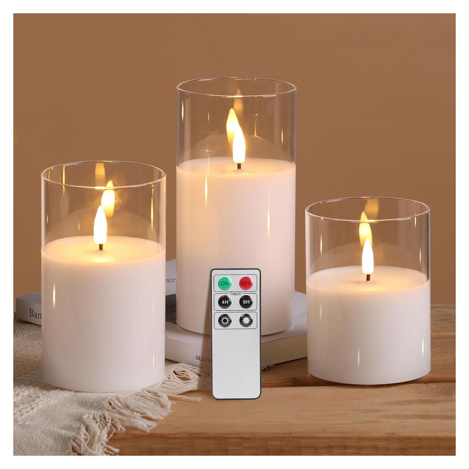 Juego de 3 Velas LED Eywamage de Vidrio Transparente con Control Remoto