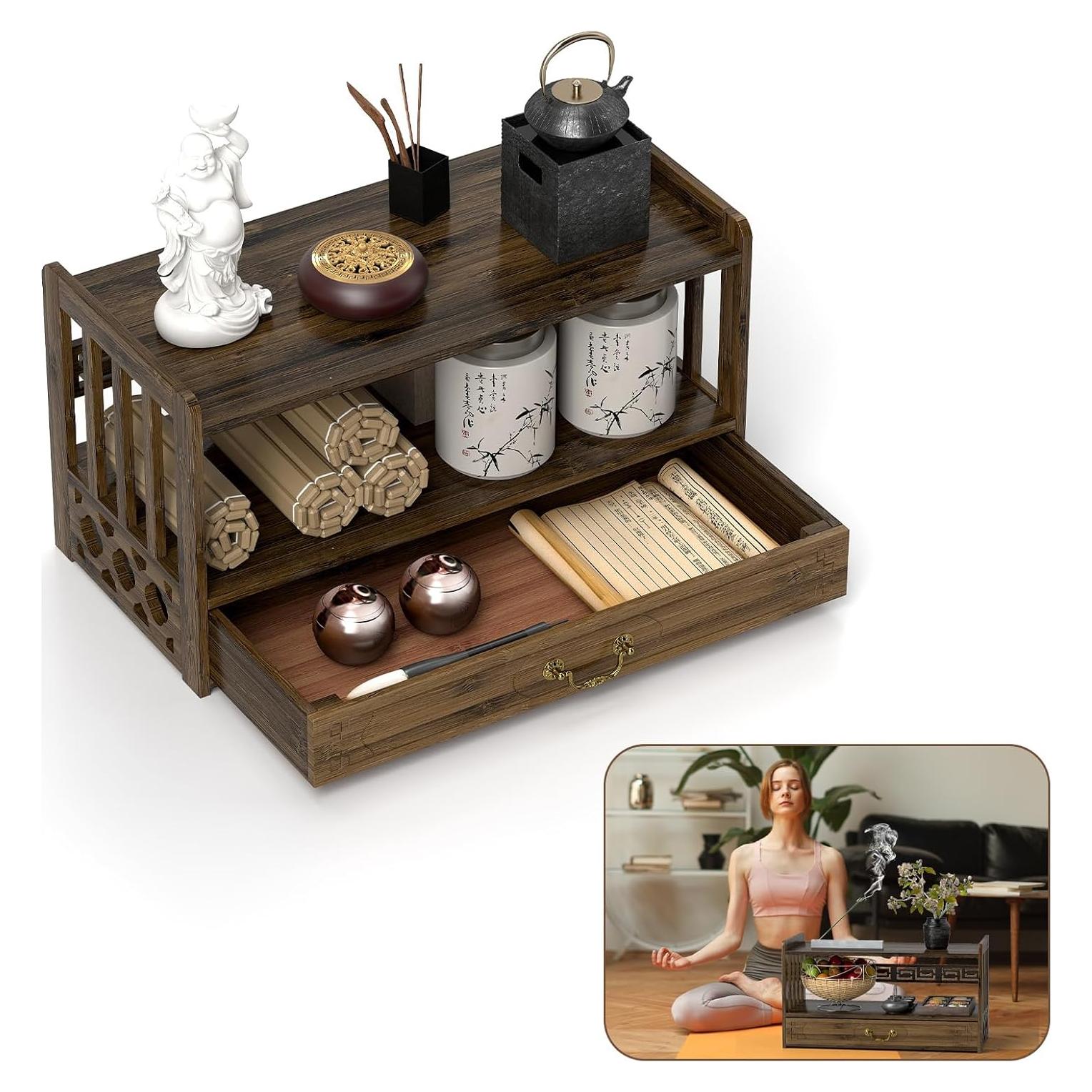 Mesa de Meditación IKARE Altar de Bambú 52cm con Cajón