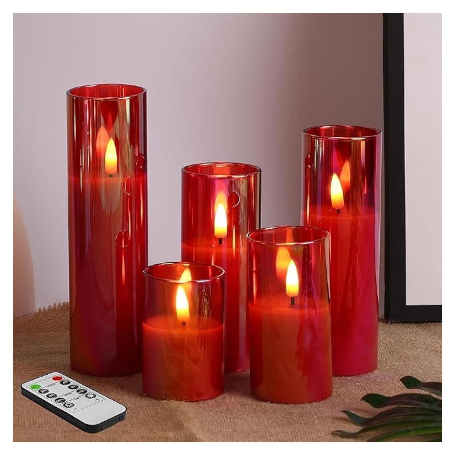 Juego de 5 Velas LED de Vidrio Rojo Eywamage con Control Remoto
