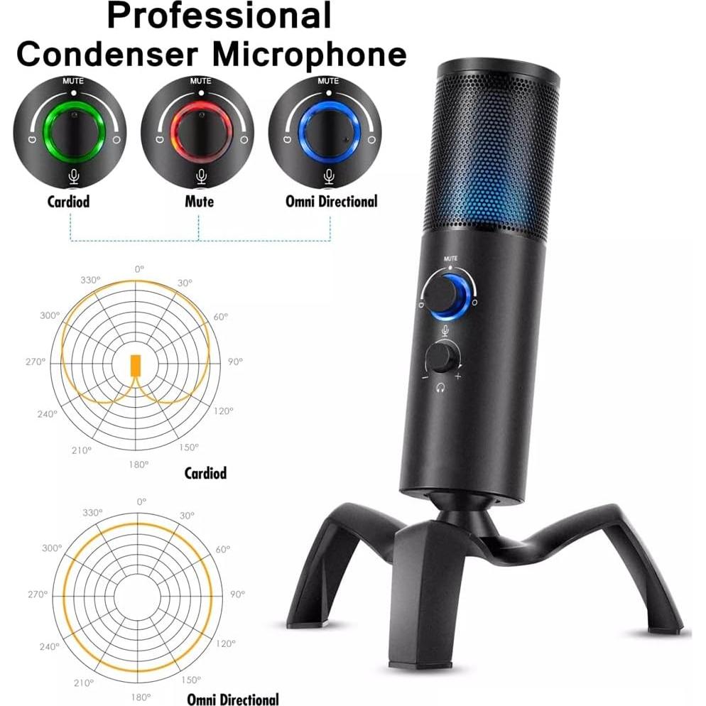Professional Condenser Microphone Game Streaming Video Studio USB Microphone Computer Audio Tape RGB Light