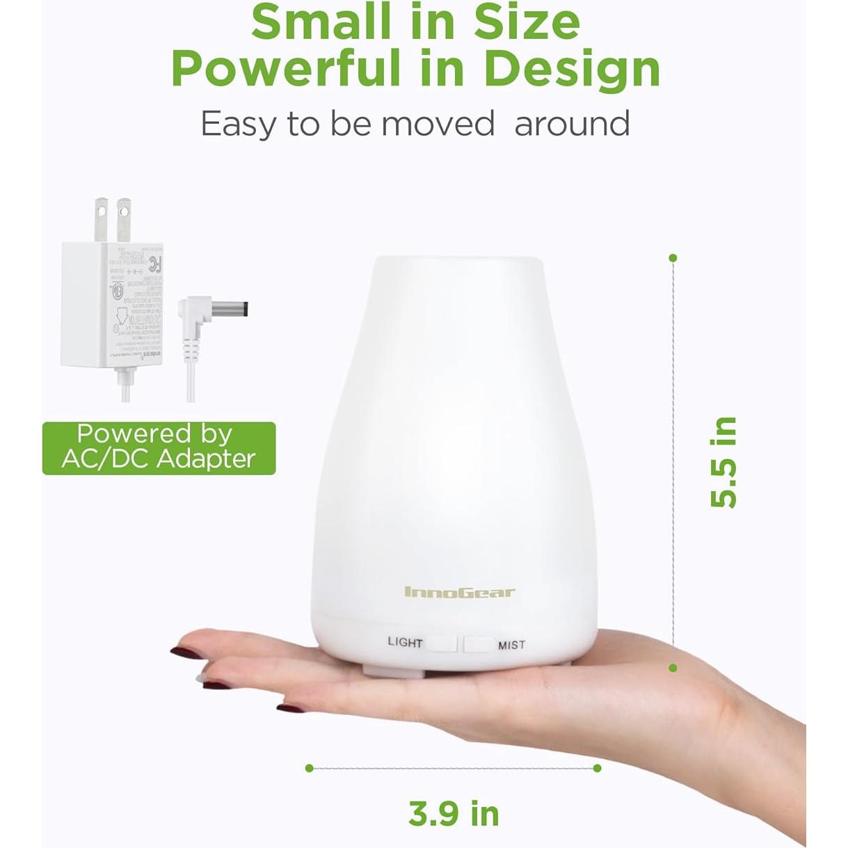 InnoGear Essential Oil Diffuser, Premium 5-in-1 Diffusers for Home Scent Aromatherapy Diffuser Air Desk Humidifier for Bedroom Large Room Office 7 Color LED 2 Mist Mode Waterless Auto Off, Basic White