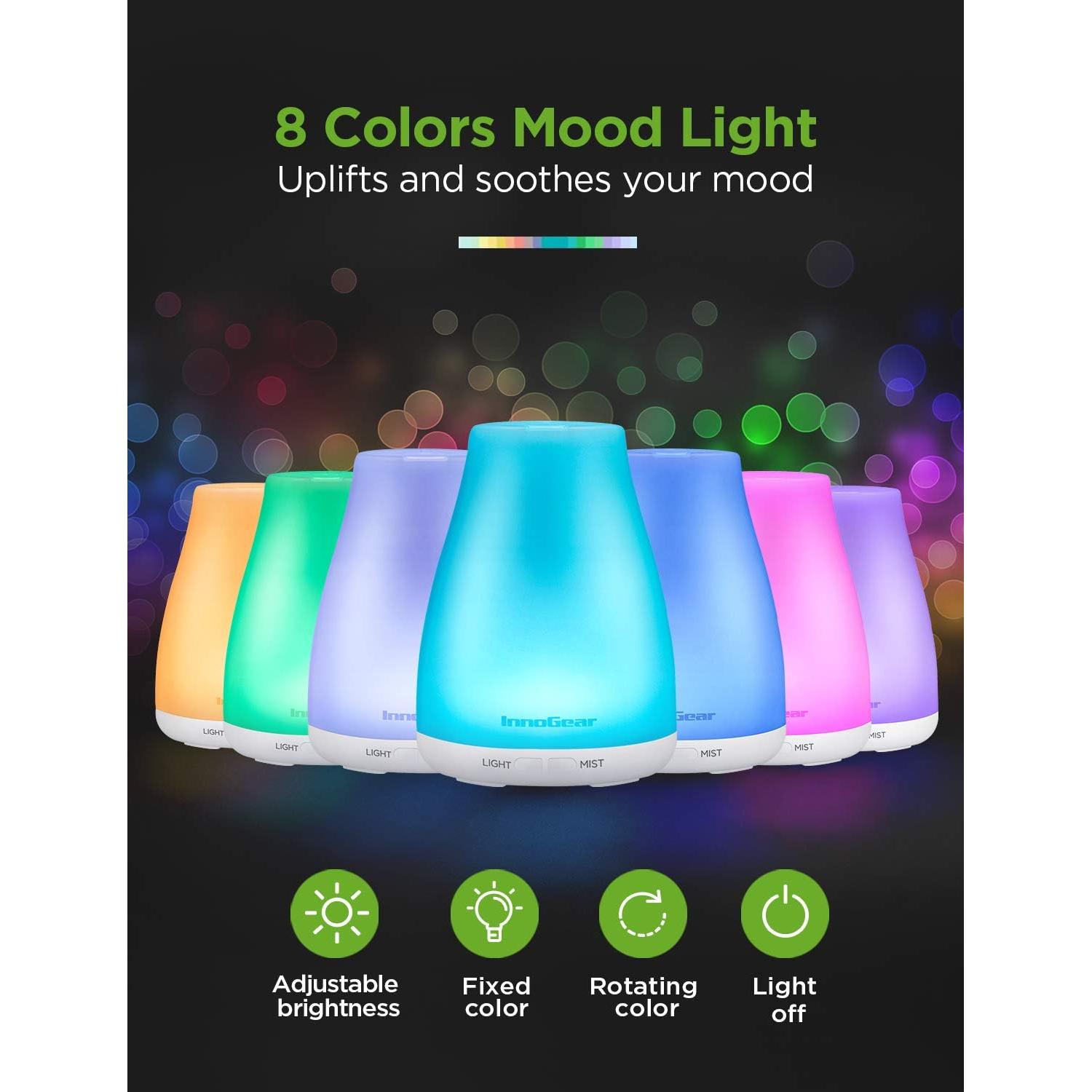 InnoGear Essential Oil Diffuser, Premium 5-in-1 Diffusers for Home Scent Aromatherapy Diffuser Air Desk Humidifier for Bedroom Large Room Office 7 Color LED 2 Mist Mode Waterless Auto Off, Basic White