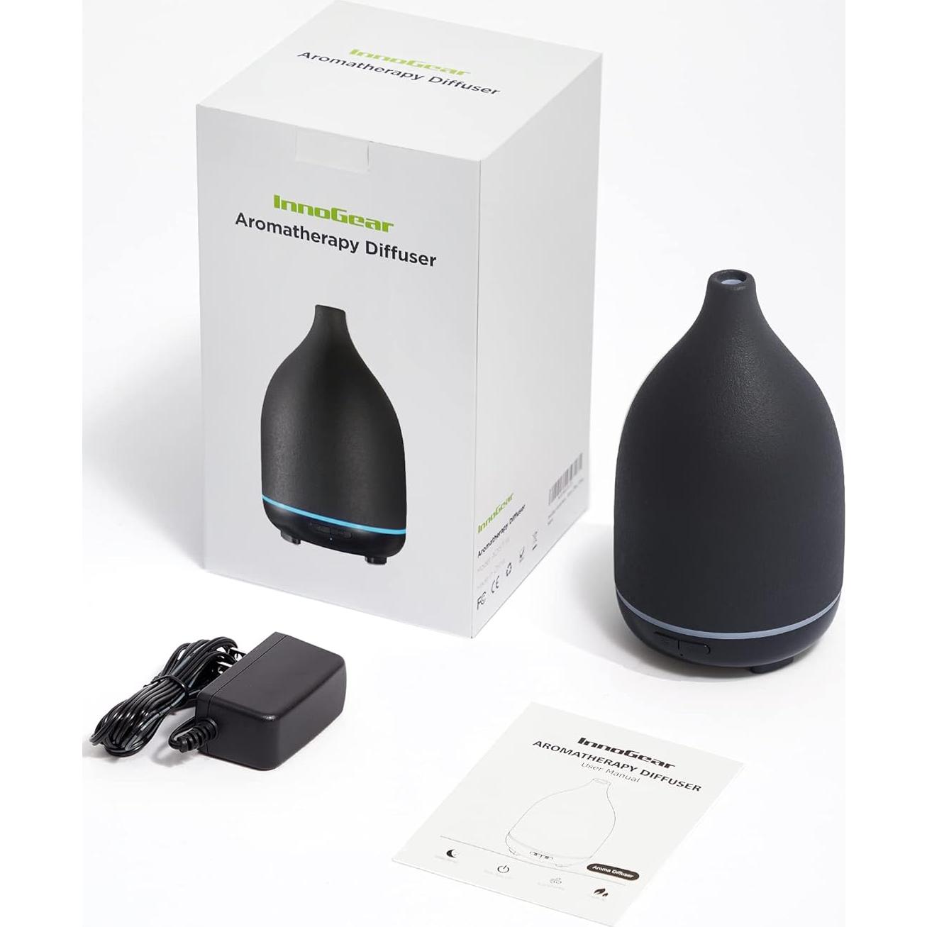 InnoGear Oil Diffuser, 150ML Ceramic Diffuser for Essential Oils Handcrafted Aromatherapy Diffuser Ultrasonic Cool Mist Humidifier with 2 Mist Modes Waterless Auto Off for Room Office, Black