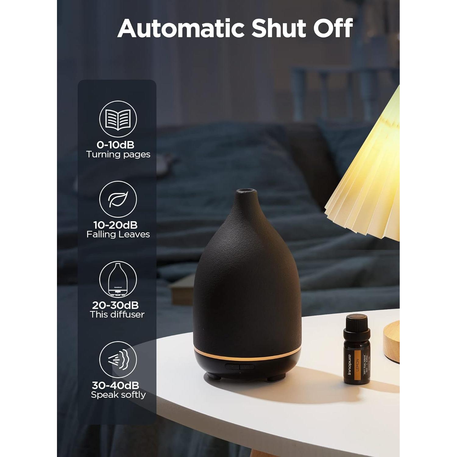 InnoGear Oil Diffuser, 150ML Ceramic Diffuser for Essential Oils Handcrafted Aromatherapy Diffuser Ultrasonic Cool Mist Humidifier with 2 Mist Modes Waterless Auto Off for Room Office, Black