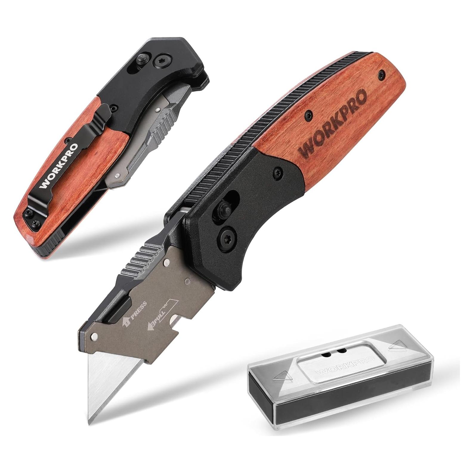 WORKPRO Folding Utility Knife, Razor Blade Knife with Axis Lock, Quick Change Box Cutter, EDC Wood Handle Foldable Pocket Cutter, Extra 10PC SK5 Blades Included