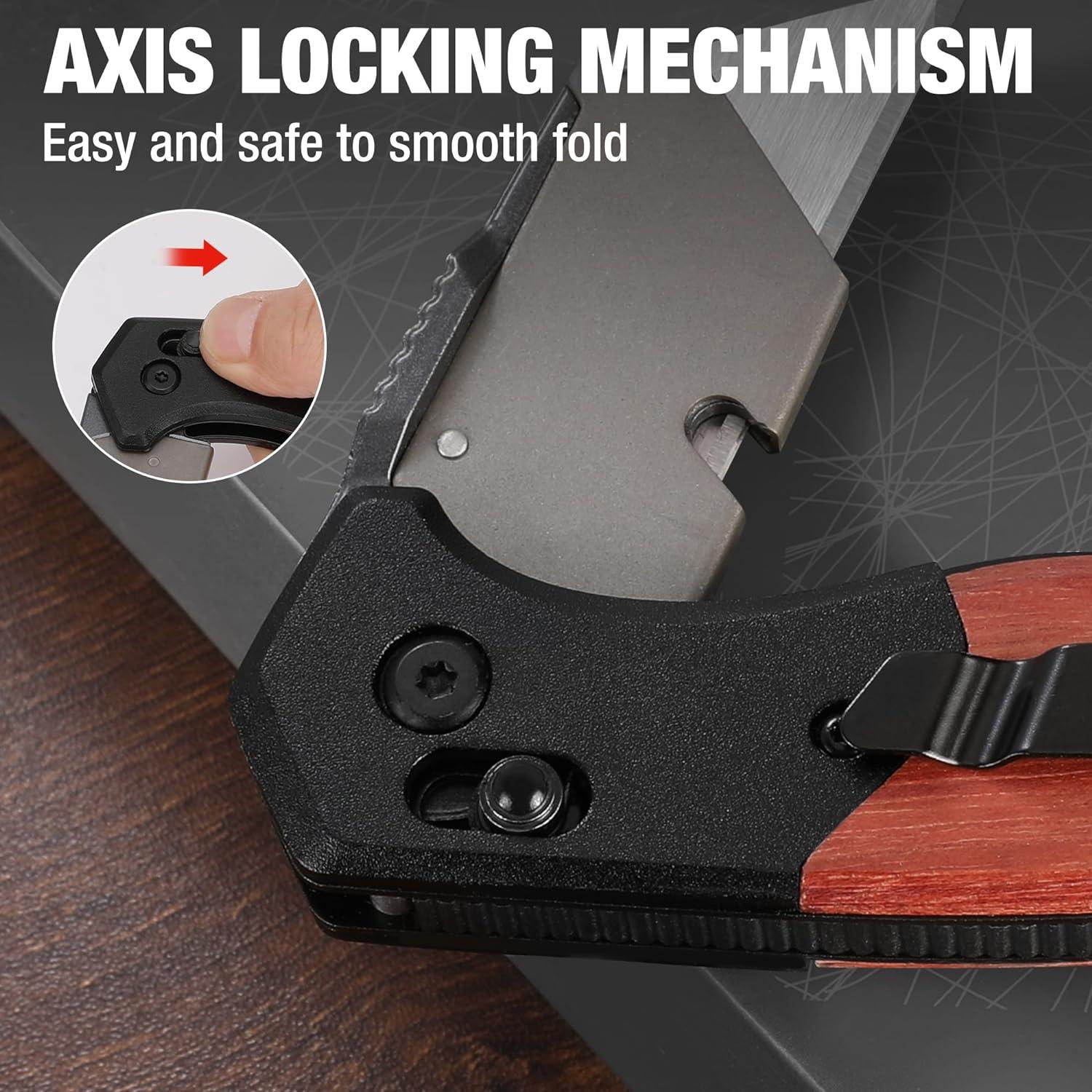 WORKPRO Folding Utility Knife, Razor Blade Knife with Axis Lock, Quick Change Box Cutter, EDC Wood Handle Foldable Pocket Cutter, Extra 10PC SK5 Blades Included