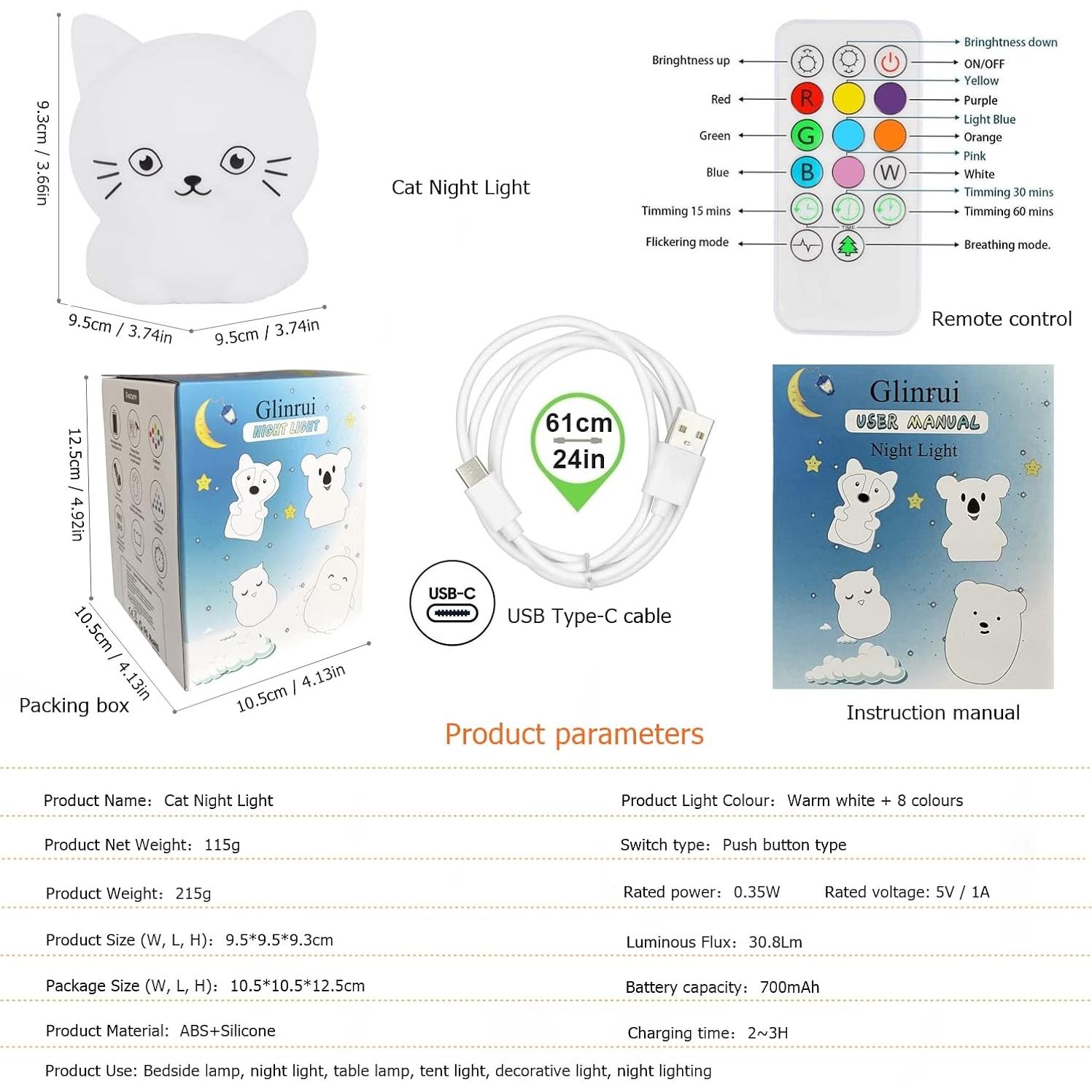 Luz Nocturna Glinrui Gato Mediano 9 Colores 125g