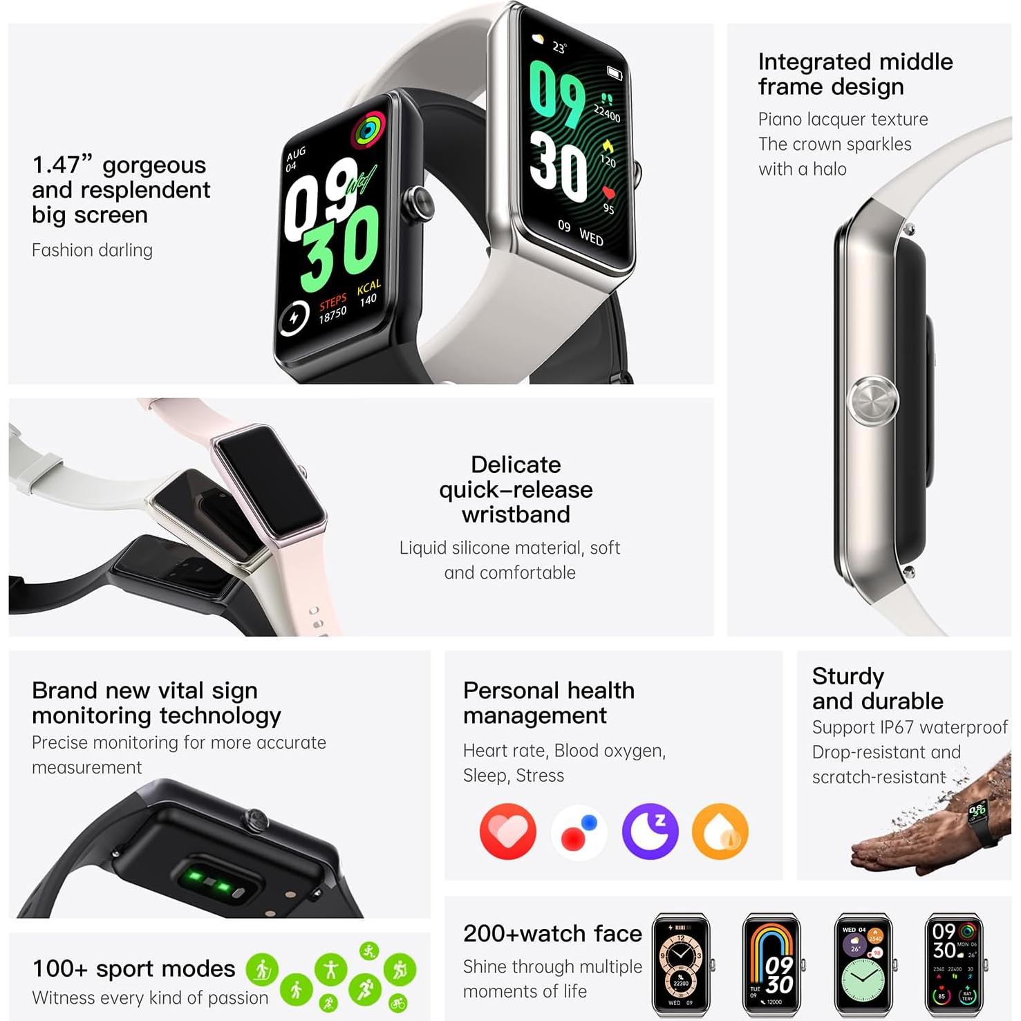 Rastreador de Fitness TUSLOT C82 Pantalla Táctil 1.47" Negro