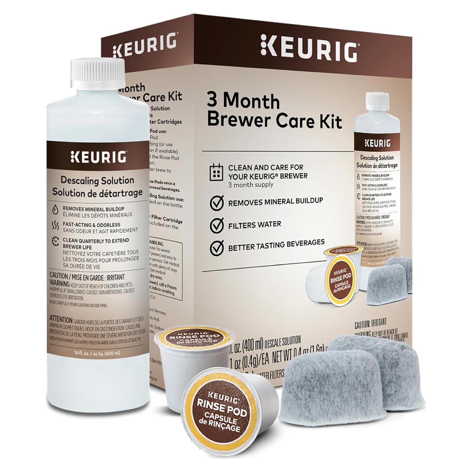 Keurig Kit de Mantenimiento de Cafetera 3 Meses - Solución Desincrustante, Filtros y Cápsulas