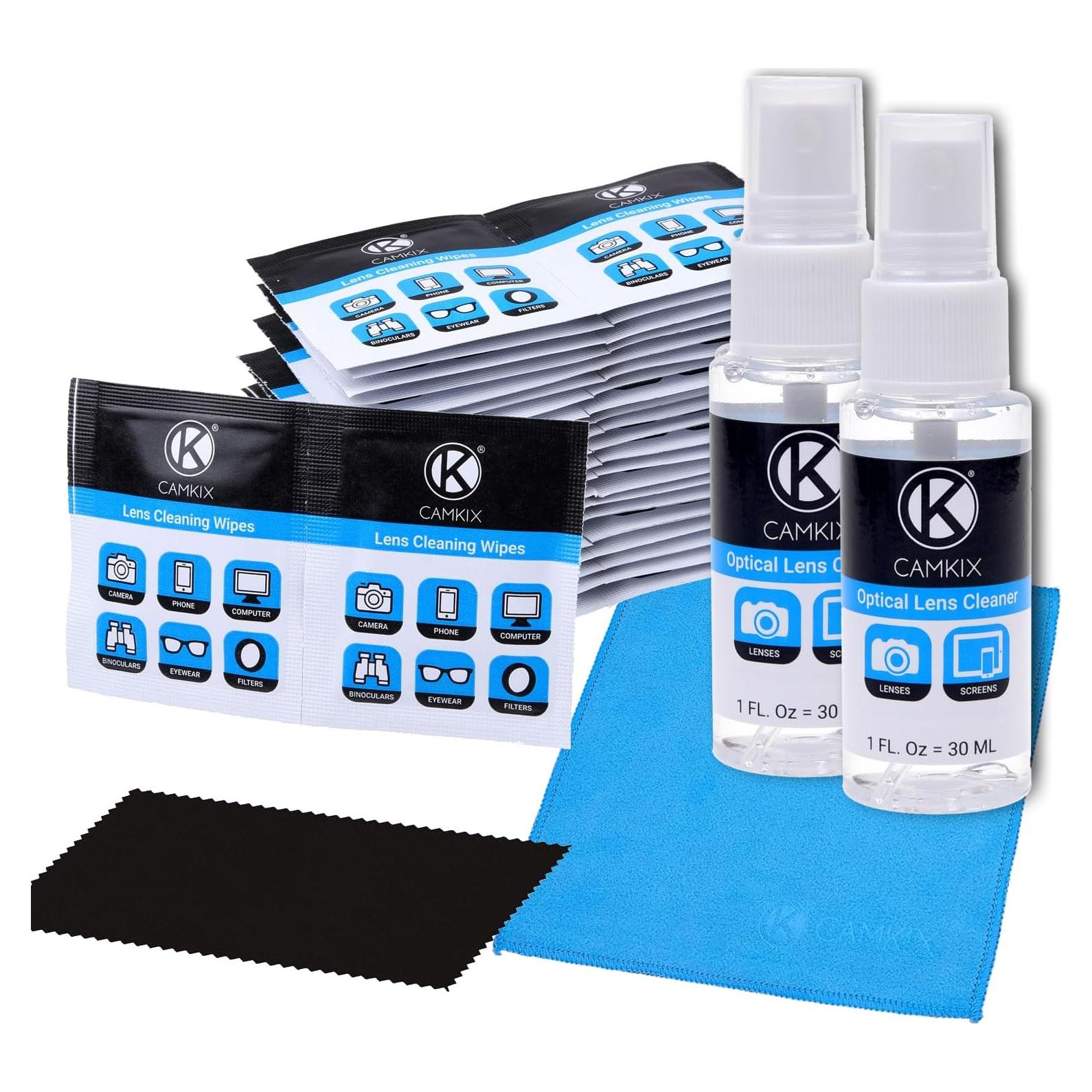 Kit de limpieza CamKix para lentes y pantallas - 2 sprays, 2 paños, 50 toallitas