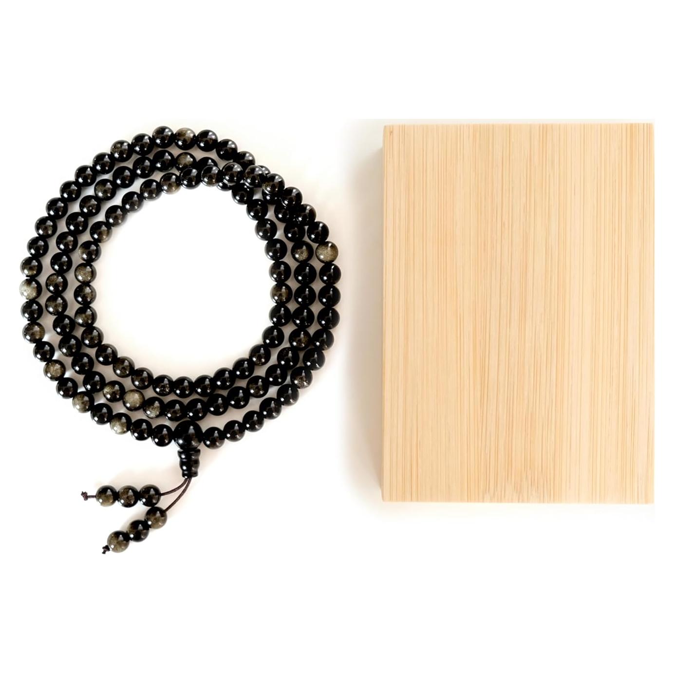 Collar Mala de Obsidiana Negra con Brillo Dorado 108 Cuentas