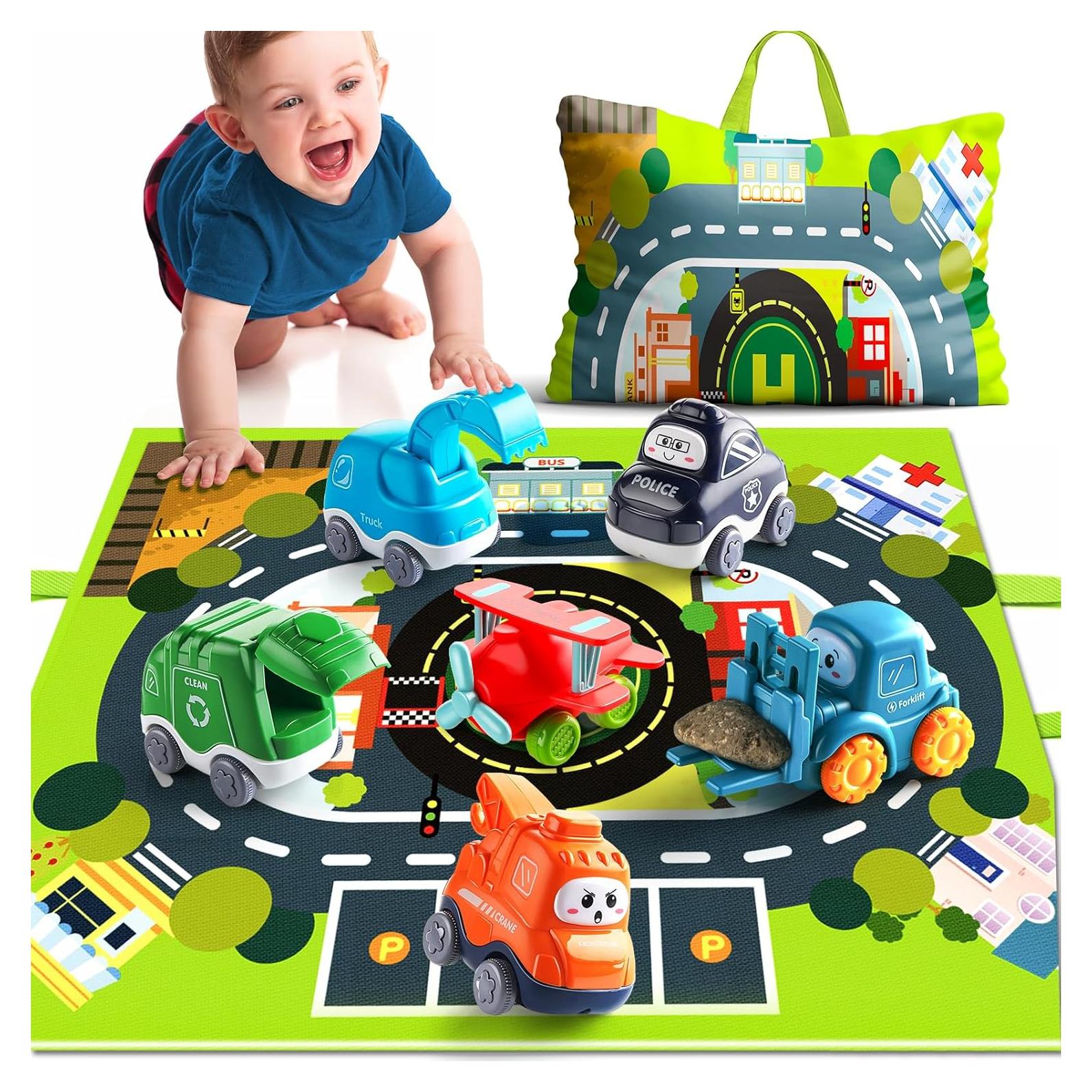 Juego de 6 Coches de Goma Suave Bessome con Alfombrilla