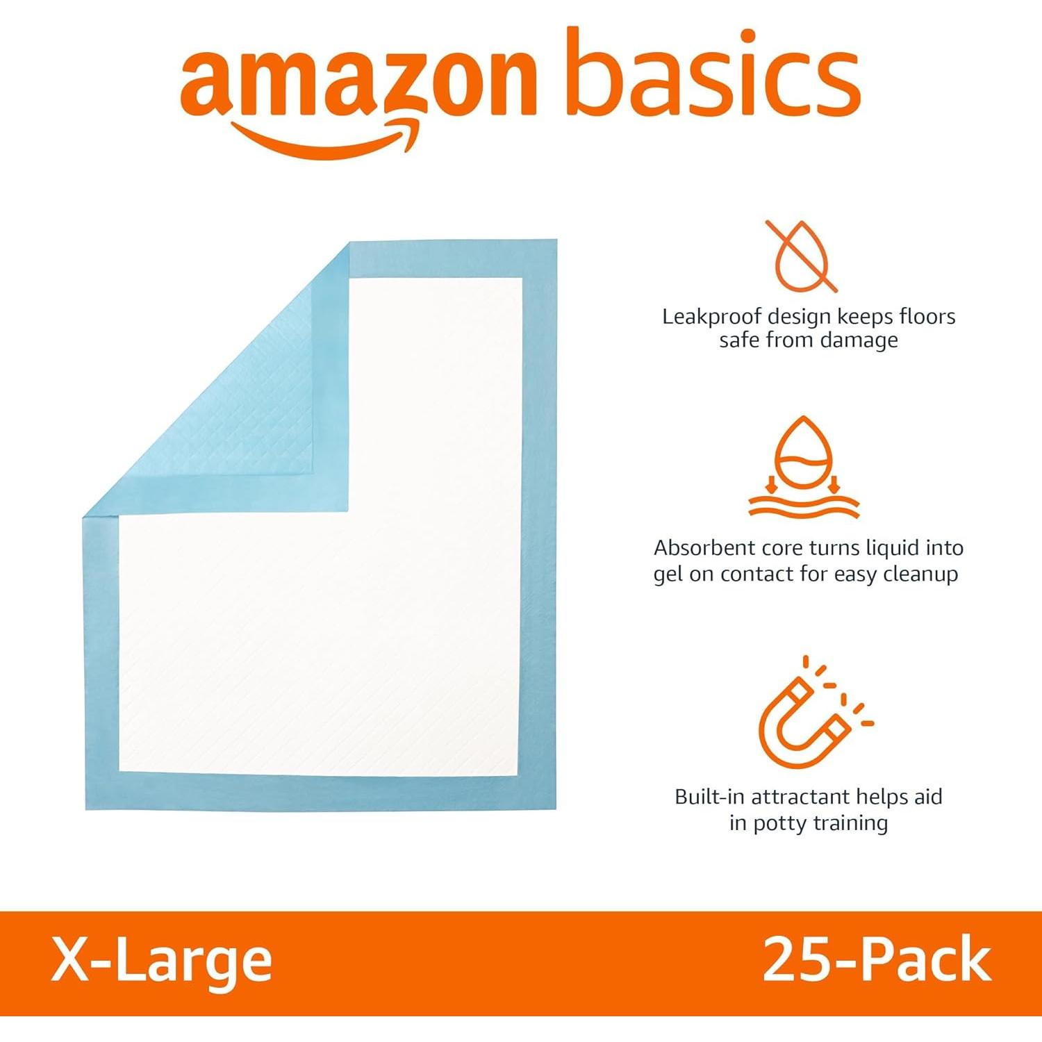 Amazon Basics Dog and Puppy Pee Pads with 5-Layer Leak-Proof Design and Quick-Dry Surface for Potty Training, Heavy Duty Absorbency, X-Large, 28 x 34 Inch - Pack of 25, Blue & White