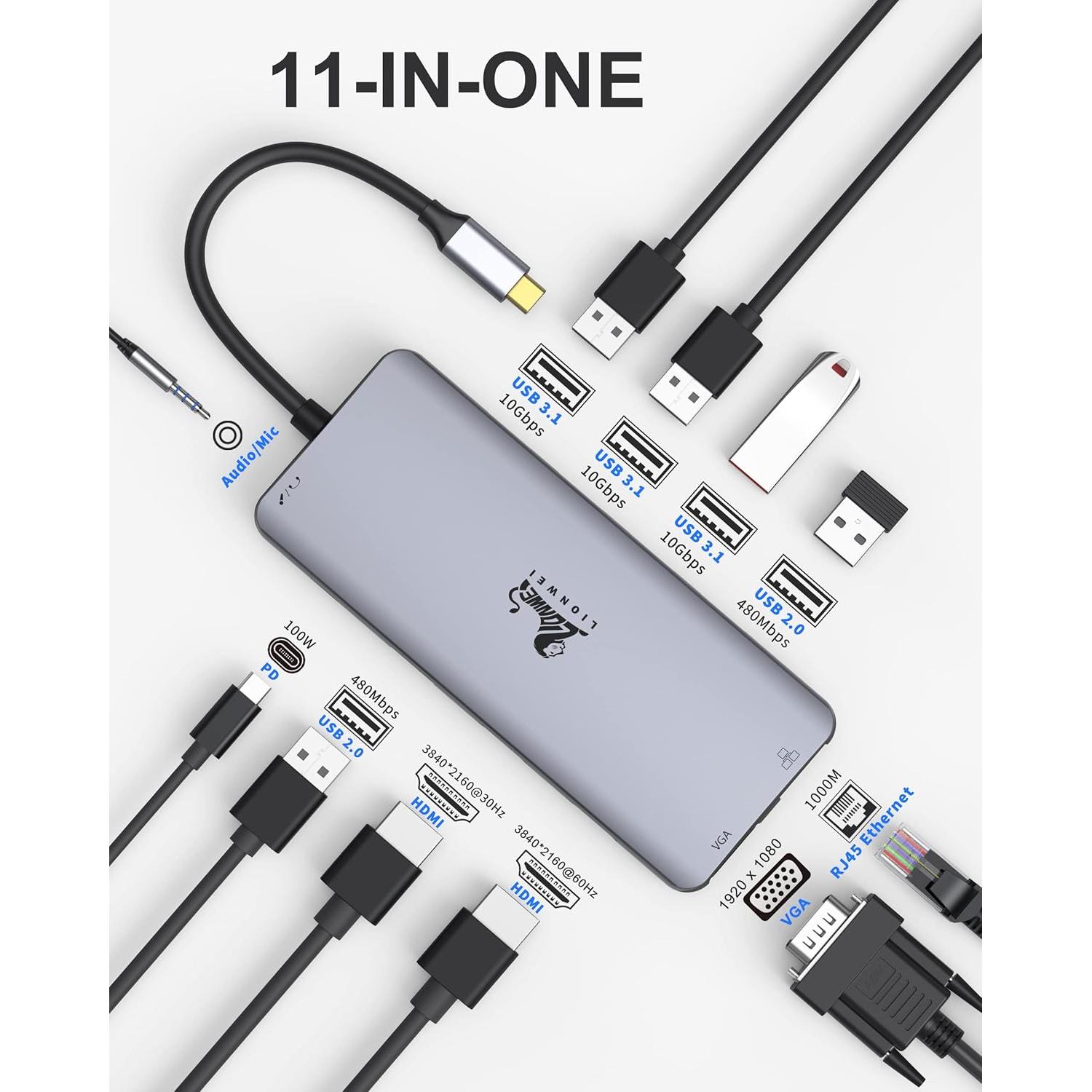 Estación de Acoplamiento USB C LIONWEI 11 en 1 4K HDMI