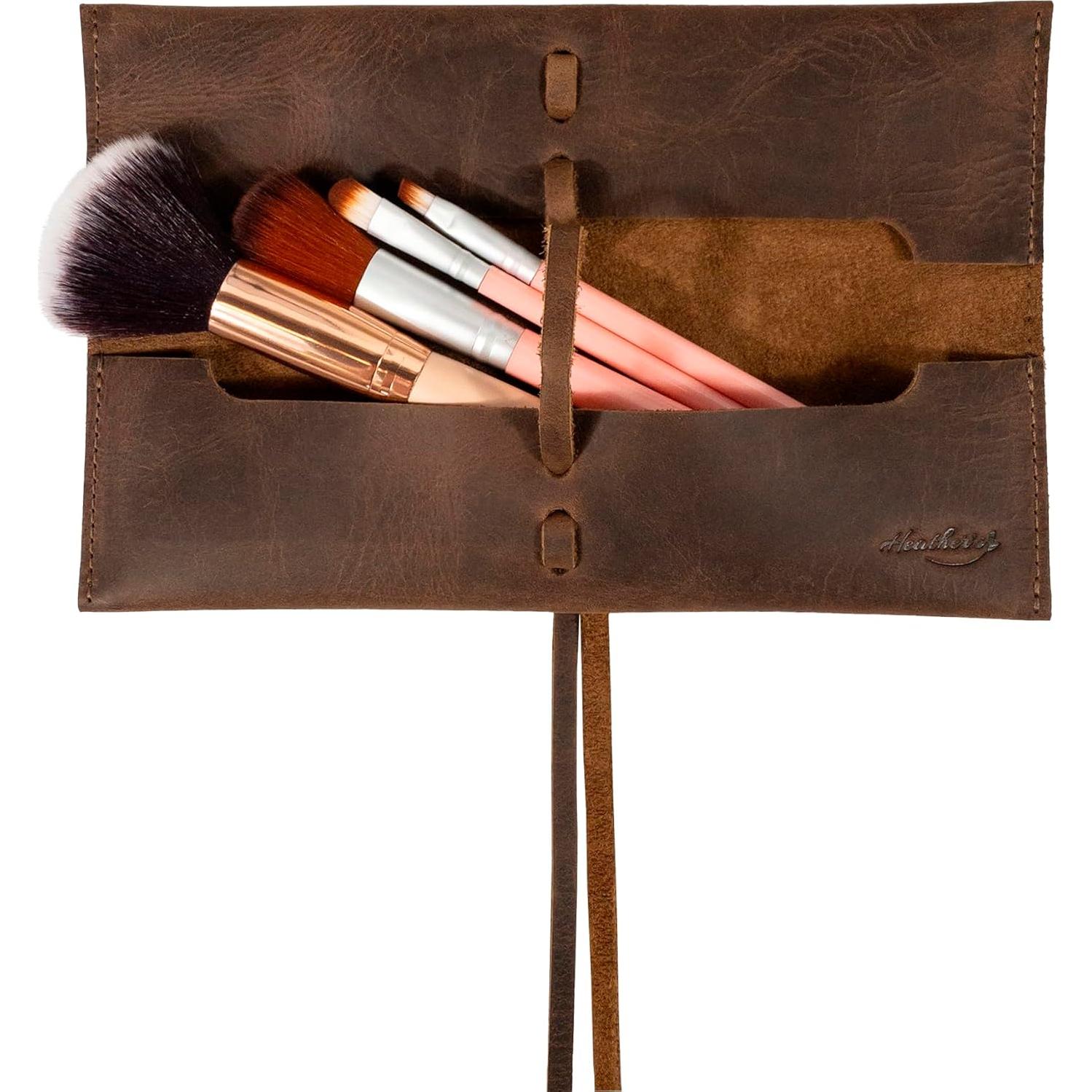 Organizador de Brochas de Maquillaje Heather, Cuero Marrón, Hecho a Mano