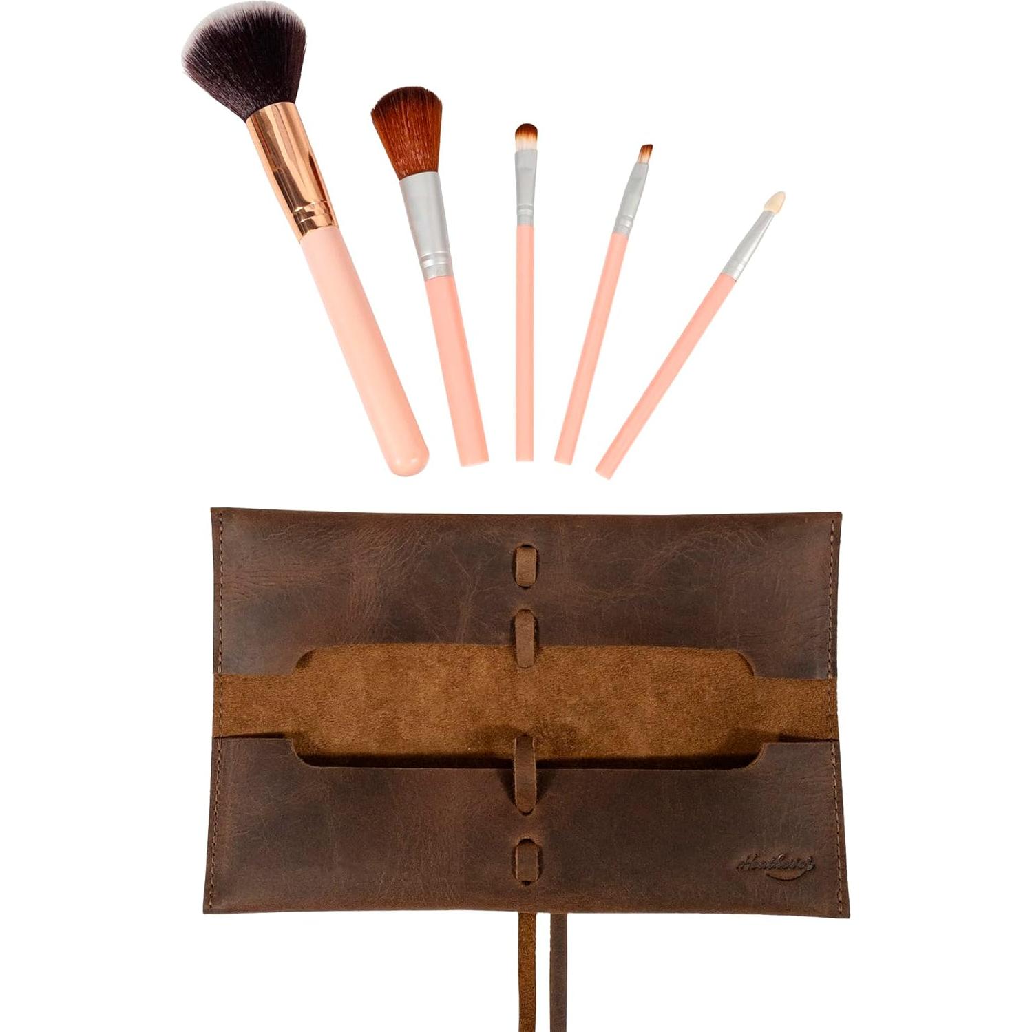 Organizador de Brochas de Maquillaje Heather, Cuero Marrón, Hecho a Mano