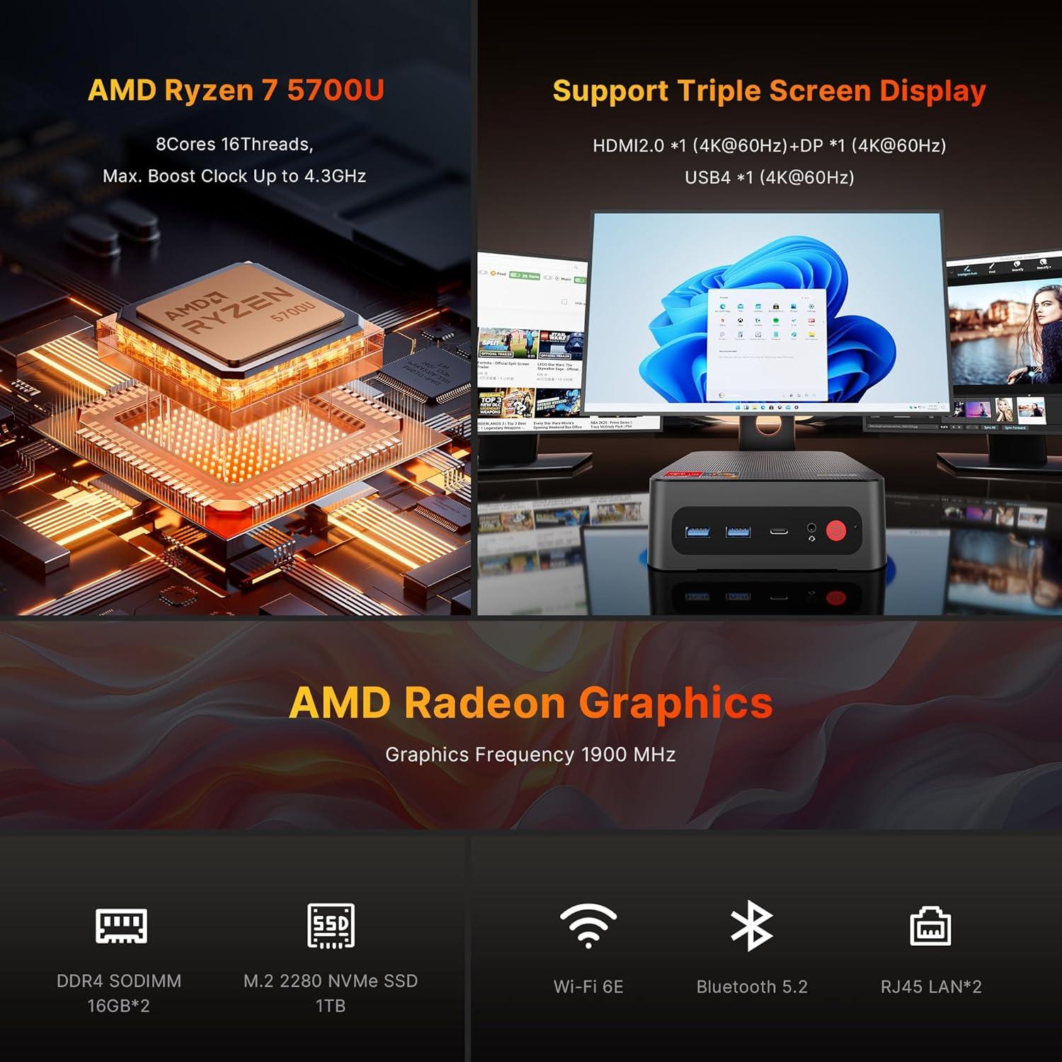 Mini PC Gaming BOSGAME P4 Ryzen 7 5700U 32GB 1TB SSD