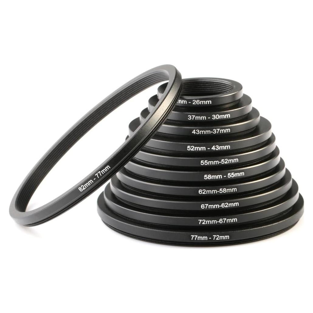 K&F CONCEPT 11 Pieces Metal Step Down Filter Adapter Rings Set, for Large Size Lens Add Small Size Filter 67-62mm 72-67mm 77-72mm 82-77mm for Camera Lens