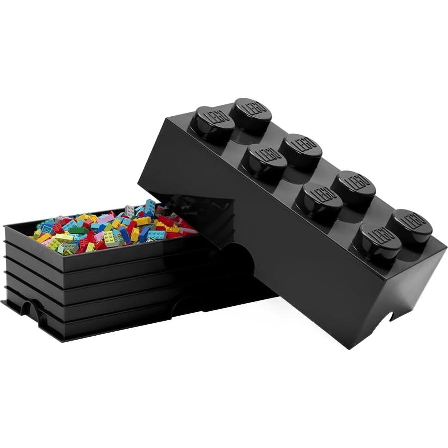 LEGO Storage Brick 8 - studs BLACK - Stackable Plastic Storage Box with Lid for Kids and Adults, Ideal Desk Organizer and Toy Box - 12.1L Capacity