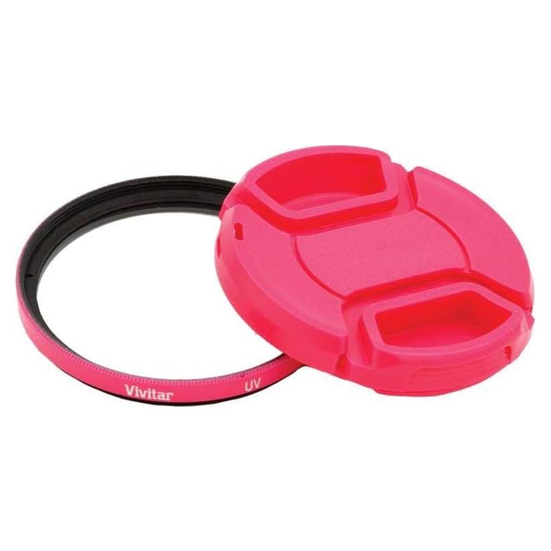Filtro UV Vivitar 52mm con tapa de lente a presión rosa