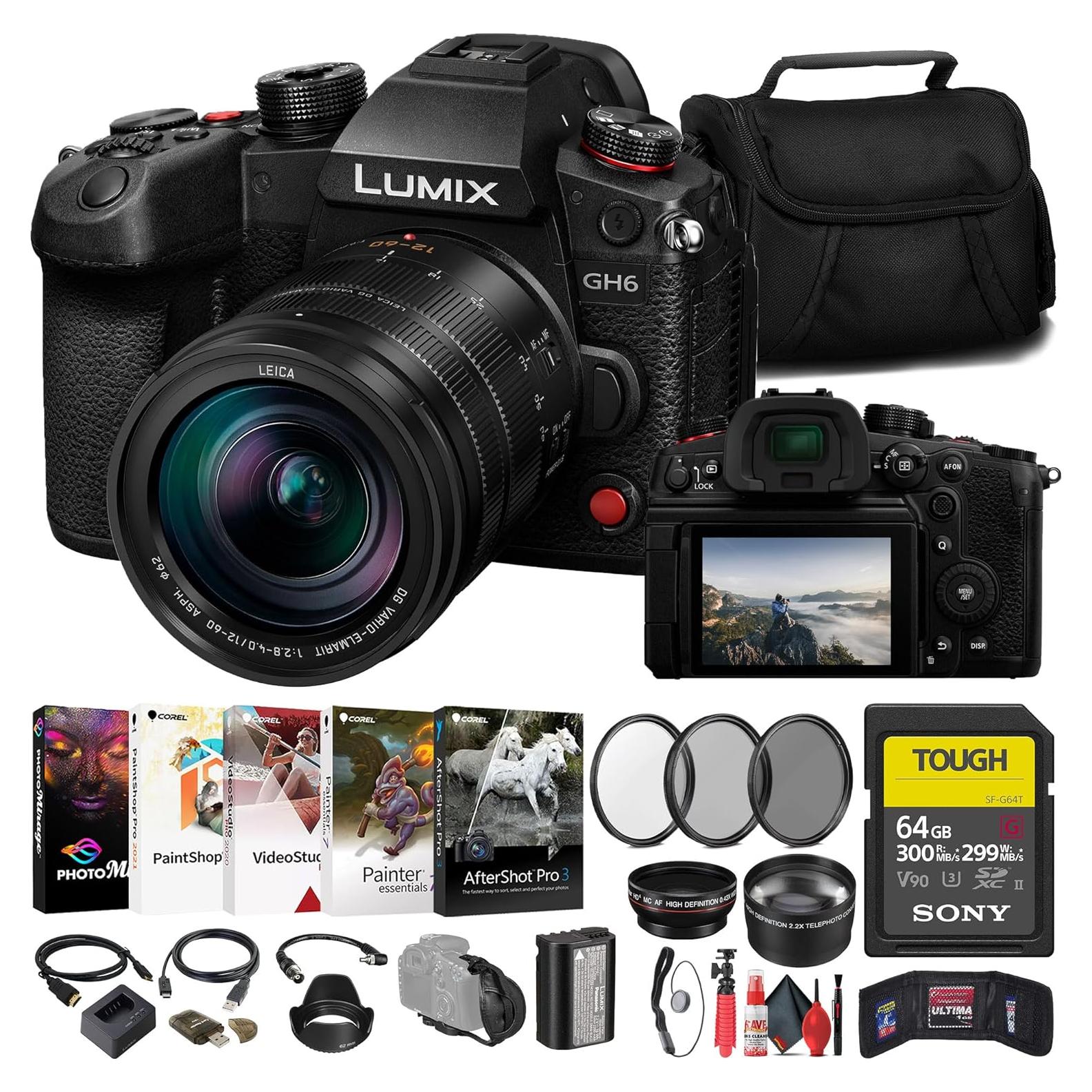 Panasonic Lumix GH6 Mirrorless Camera with 12-60mm f/2.8-4 Lens (DC-GH6LK) + Sony 64GB Tough SD Card + Filter Kit + Wide Angle Lens + Telephoto Lens + Lens Hood + More (Renewed)