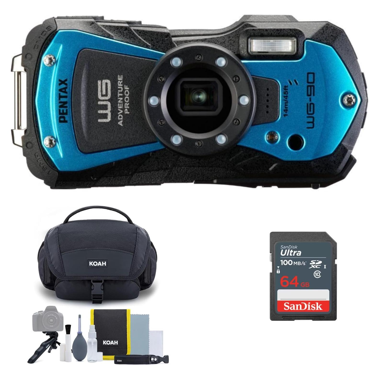 Cámara Compacta RICOH PENTAX WG-90 Azul + Kit de Limpieza 64GB