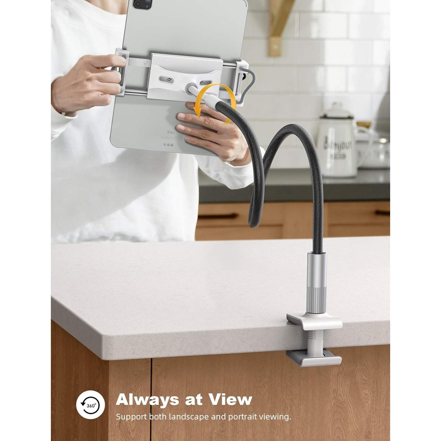 Gooseneck Tablet Holder Mount : Flexible Arm Clip Tablet Stand for Bed, Desk Mount, Compatible with iPad Pro 11", Mini Air, Galaxy Tabs More 4.7 to 10.5" Phones and Tablets