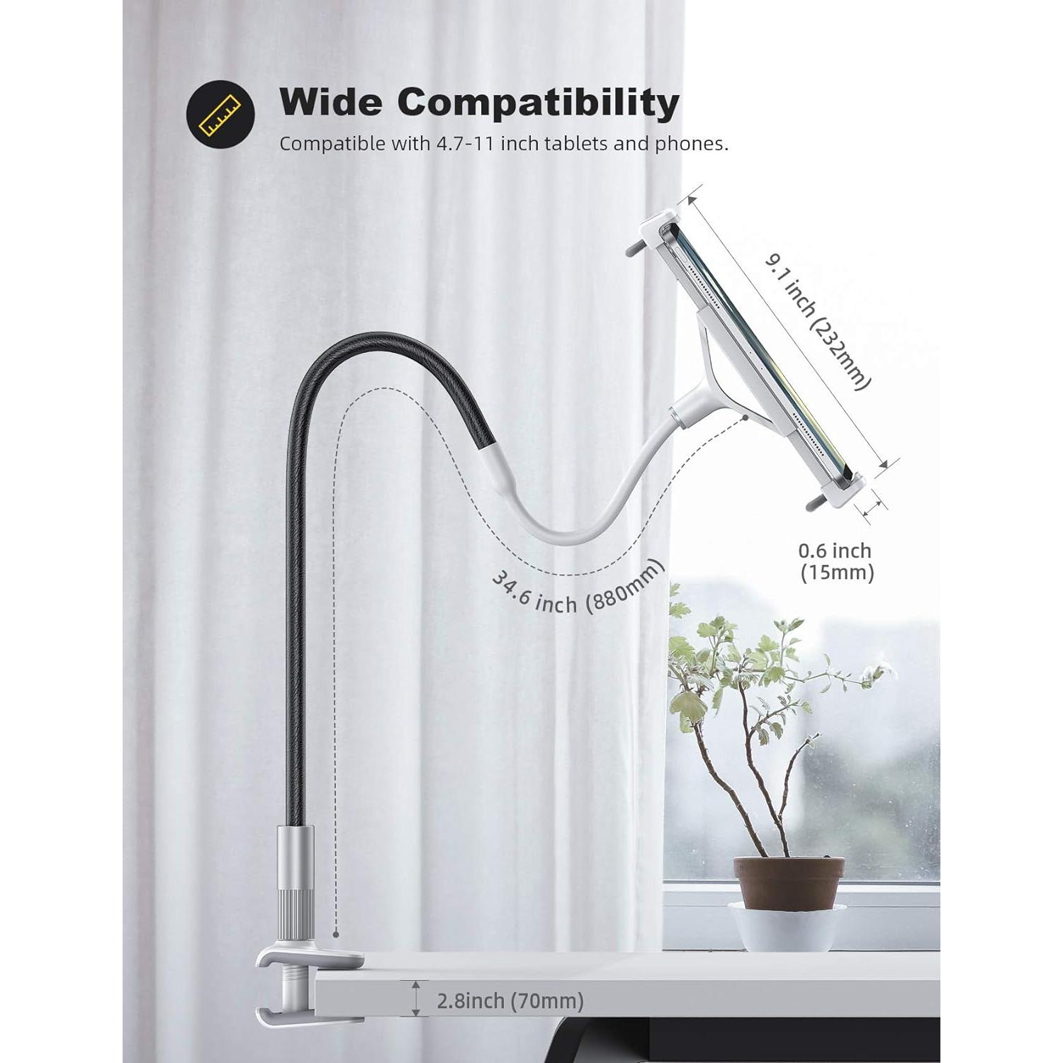 Gooseneck Tablet Holder Mount : Flexible Arm Clip Tablet Stand for Bed, Desk Mount, Compatible with iPad Pro 11", Mini Air, Galaxy Tabs More 4.7 to 10.5" Phones and Tablets