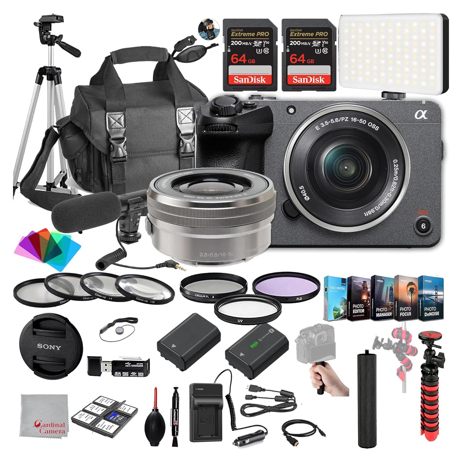 Sony FX30 Digital Cinema Camera with 16-50mm Lens, 128GB Extreme Speed Memory,Microphone, 120LED Video Light, Tripod, Filters, Hood, Grip,Spare Battery & Charger, Software Kit -Deluxe Bundle, Black