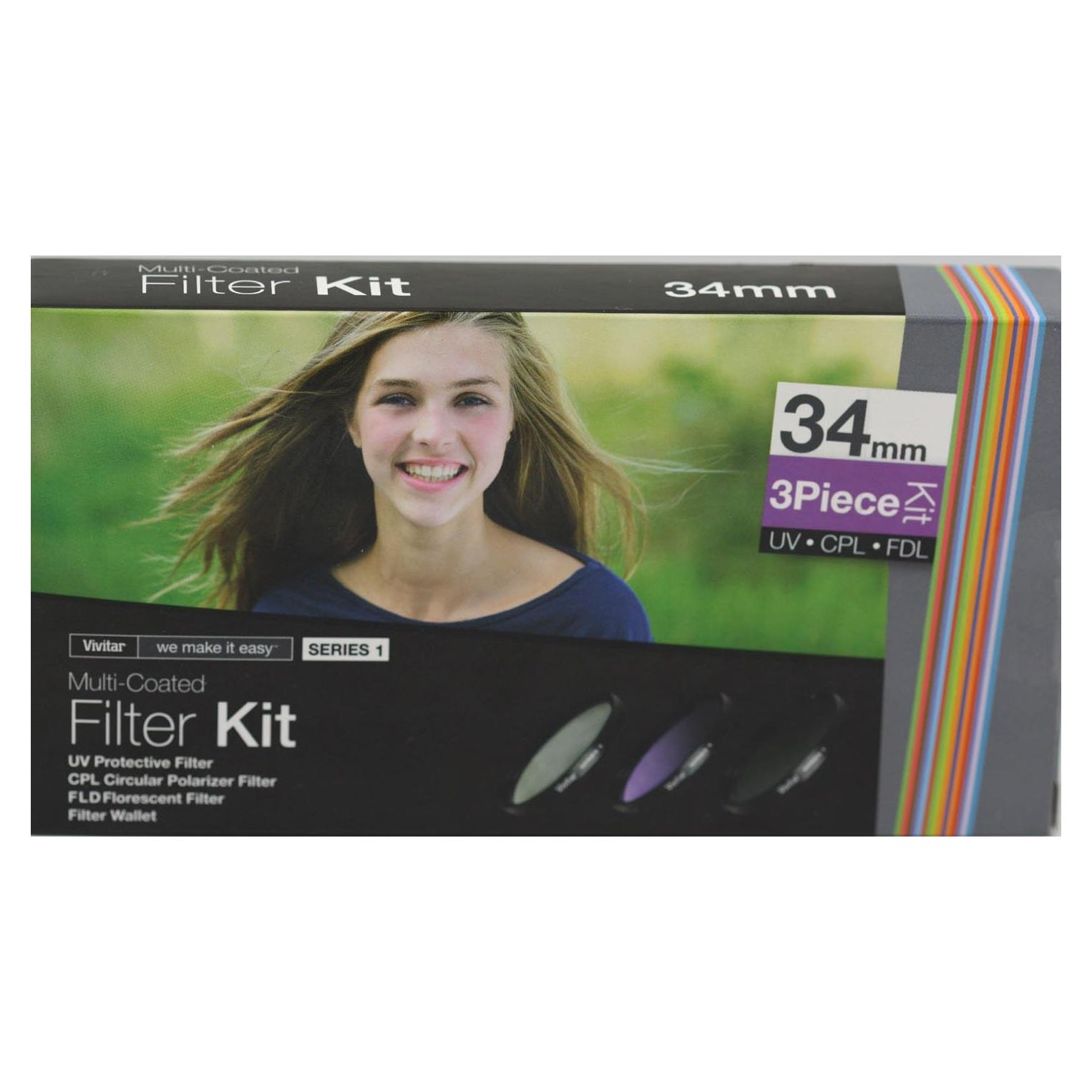 Kit de Filtros Vivitar VIV-FK3-34 de 3 Piezas 34mm UV CPL FLD