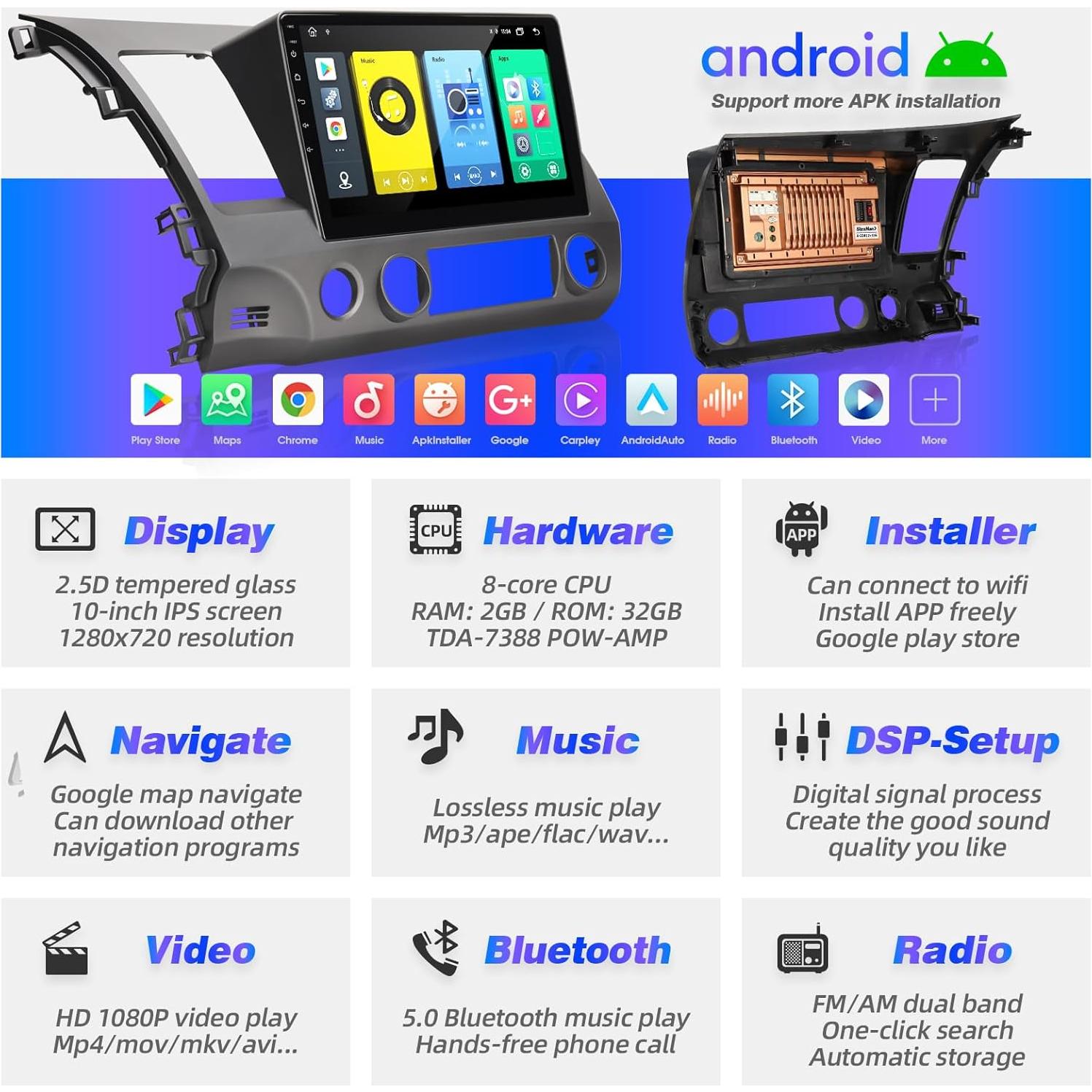 Pantalla Táctil 10.1" Android SizxNanv para Honda Civic 2006-2011