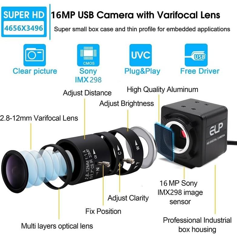 Cámara USB 16MP IFWATER con Lente Varifocal 5-50mm