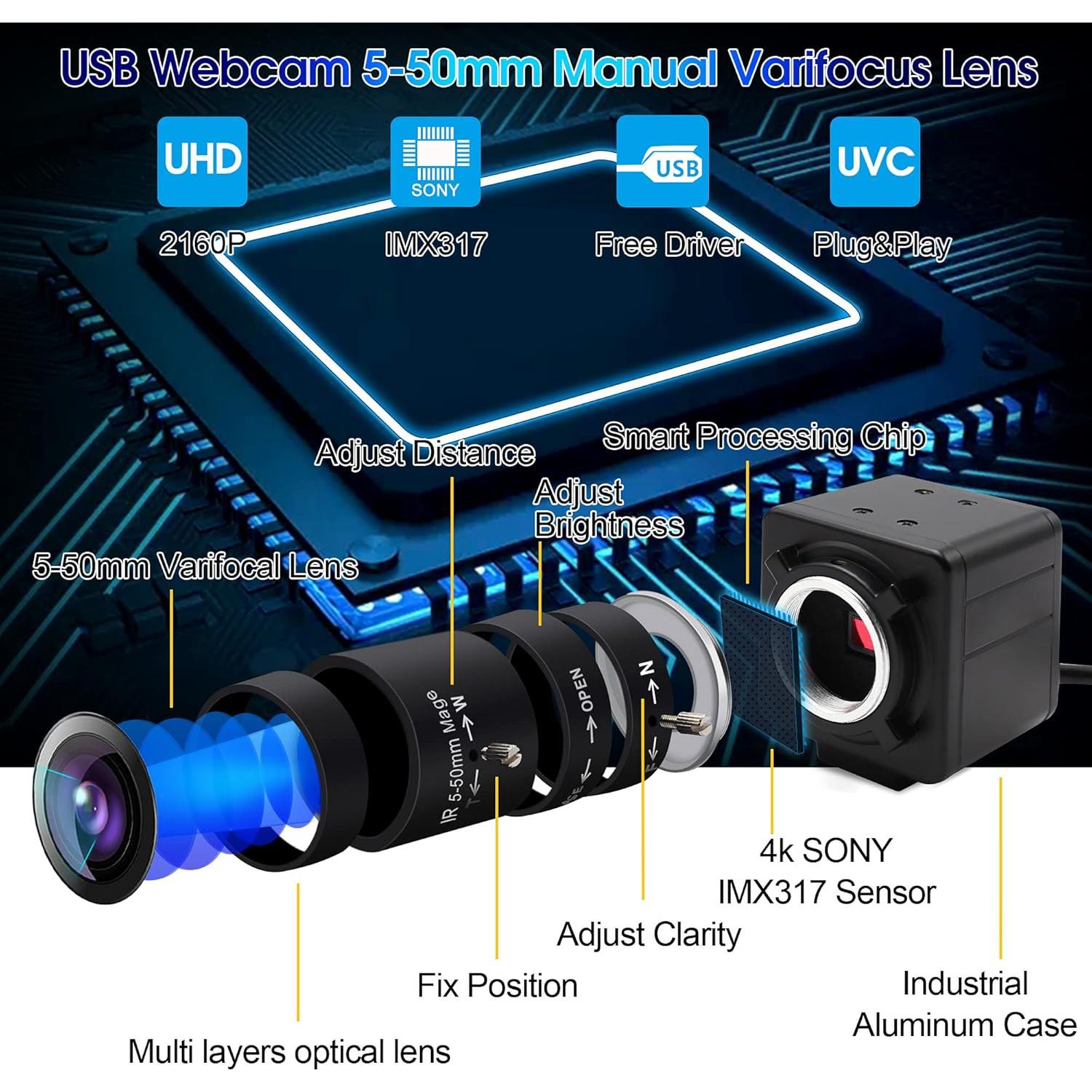 Cámara USB 4K IEights con Zoom Manual 5-50mm UVC