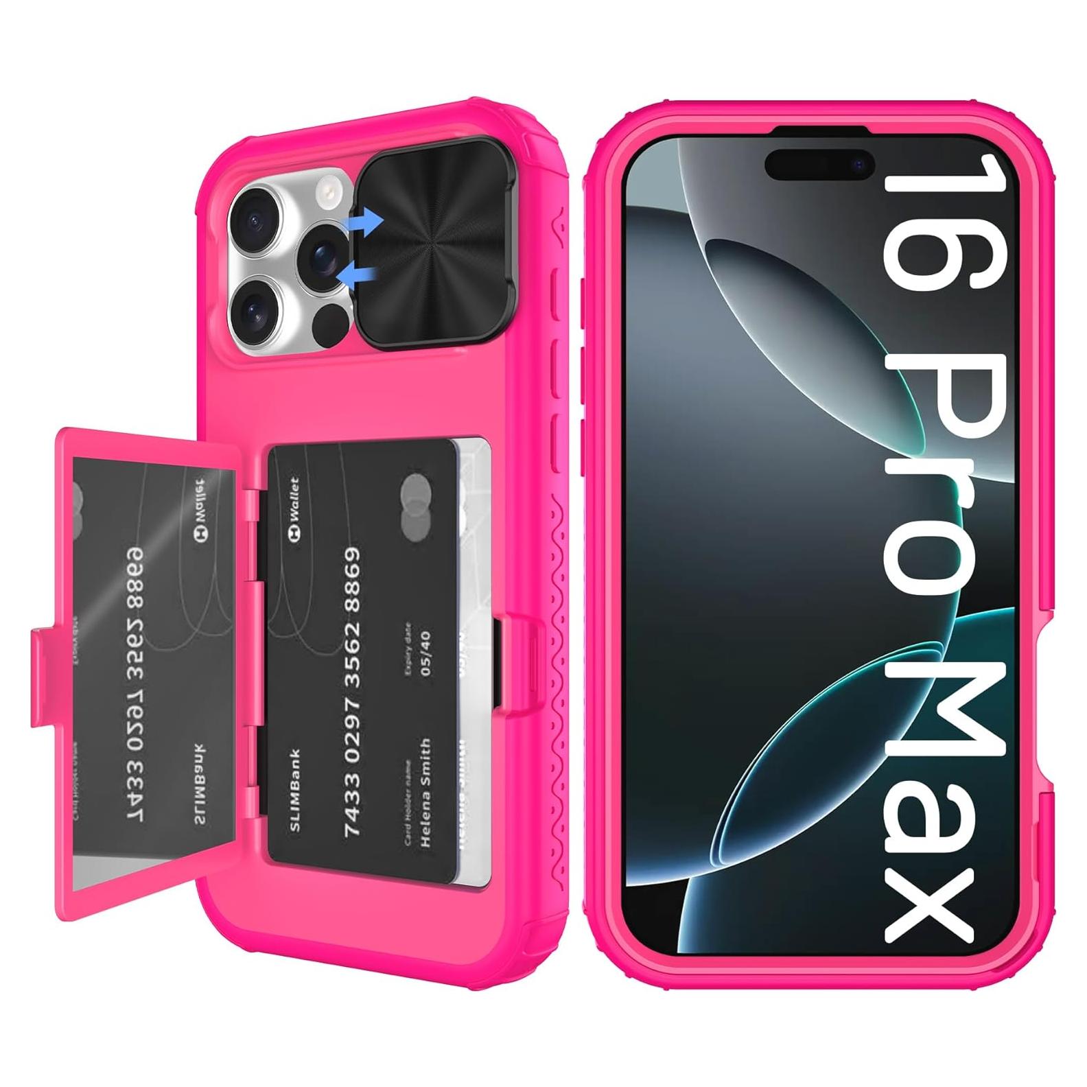 Funda billetera rosa para iPhone 16 Pro Max con espejo y soporte