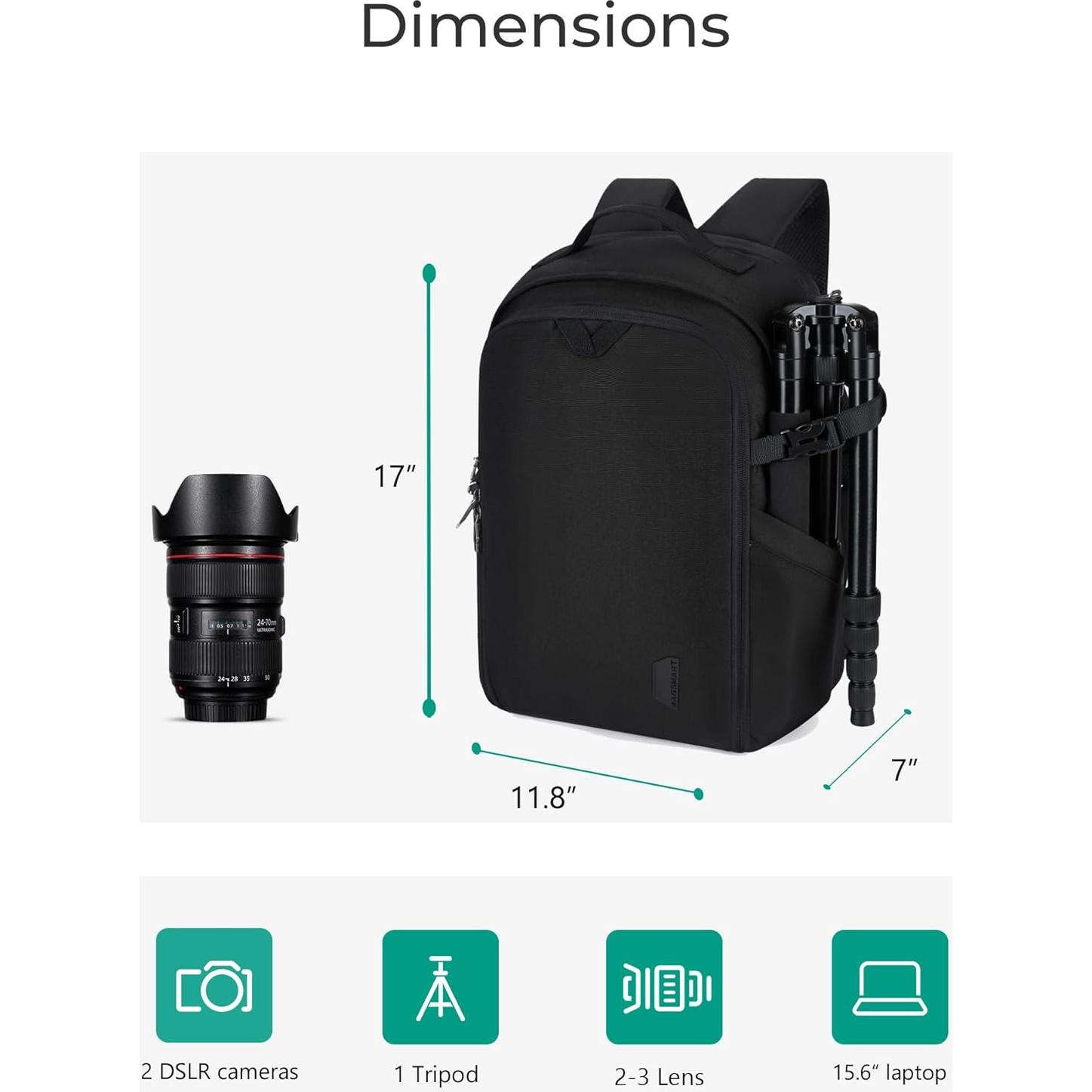 Mochila para Cámara BAGSMART Negra 30L para DSLR y Laptop 15.6"