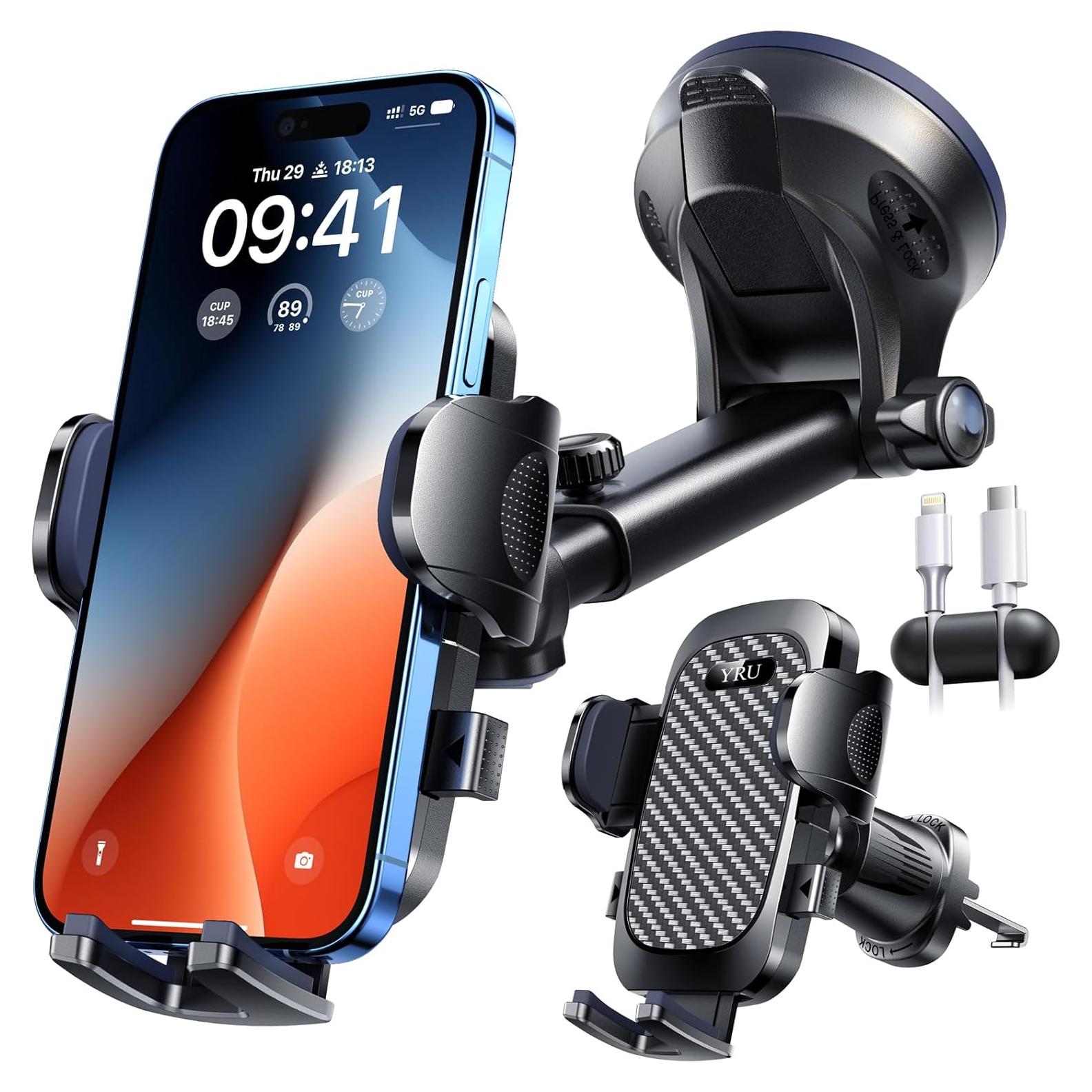 Soporte para Teléfono de Coche YRU 2025 Negro 90LBS Ajustable