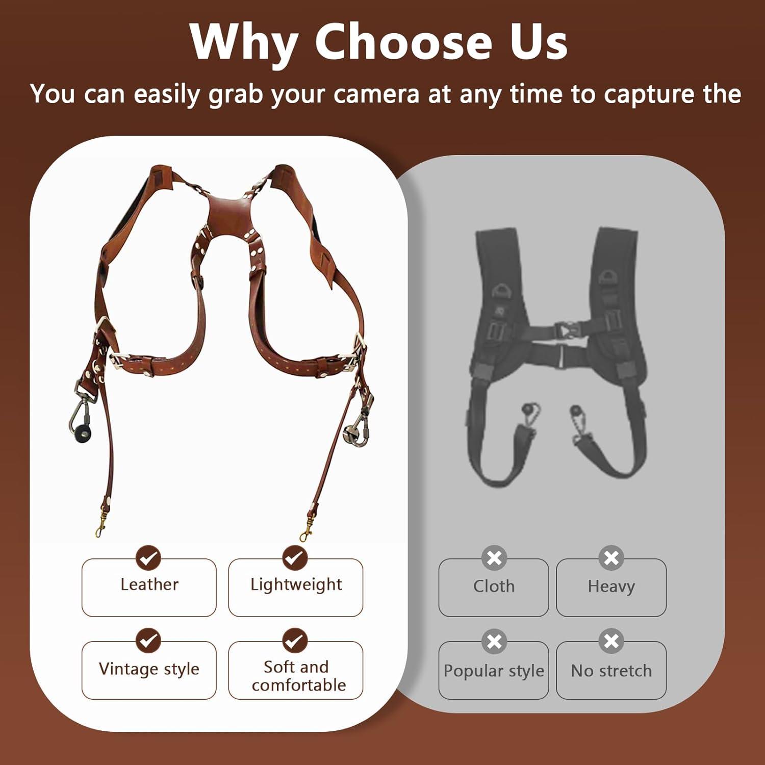 Correa Doble para Cámara Rosvola de Cuero Ajustable 33-51 cm