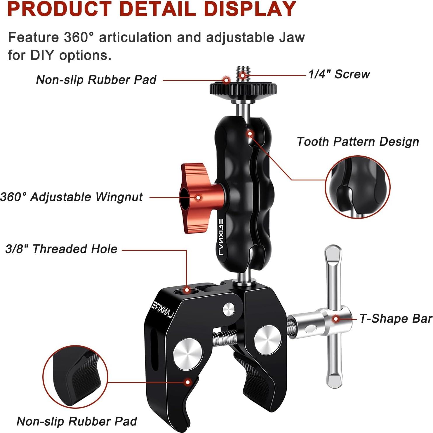 Soporte de cámara Super Clamp Lanxire con cabezal esférico 360°