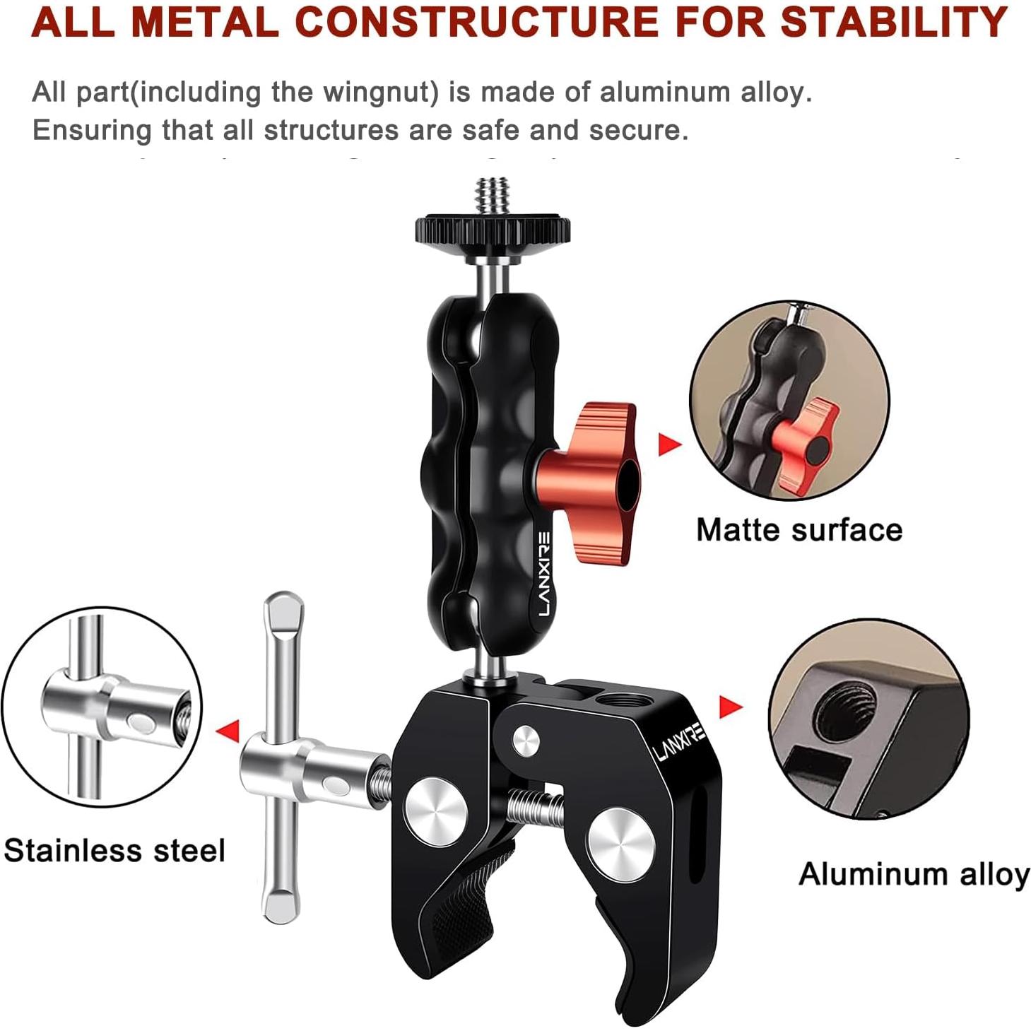 Soporte de cámara Super Clamp Lanxire con cabezal esférico 360°