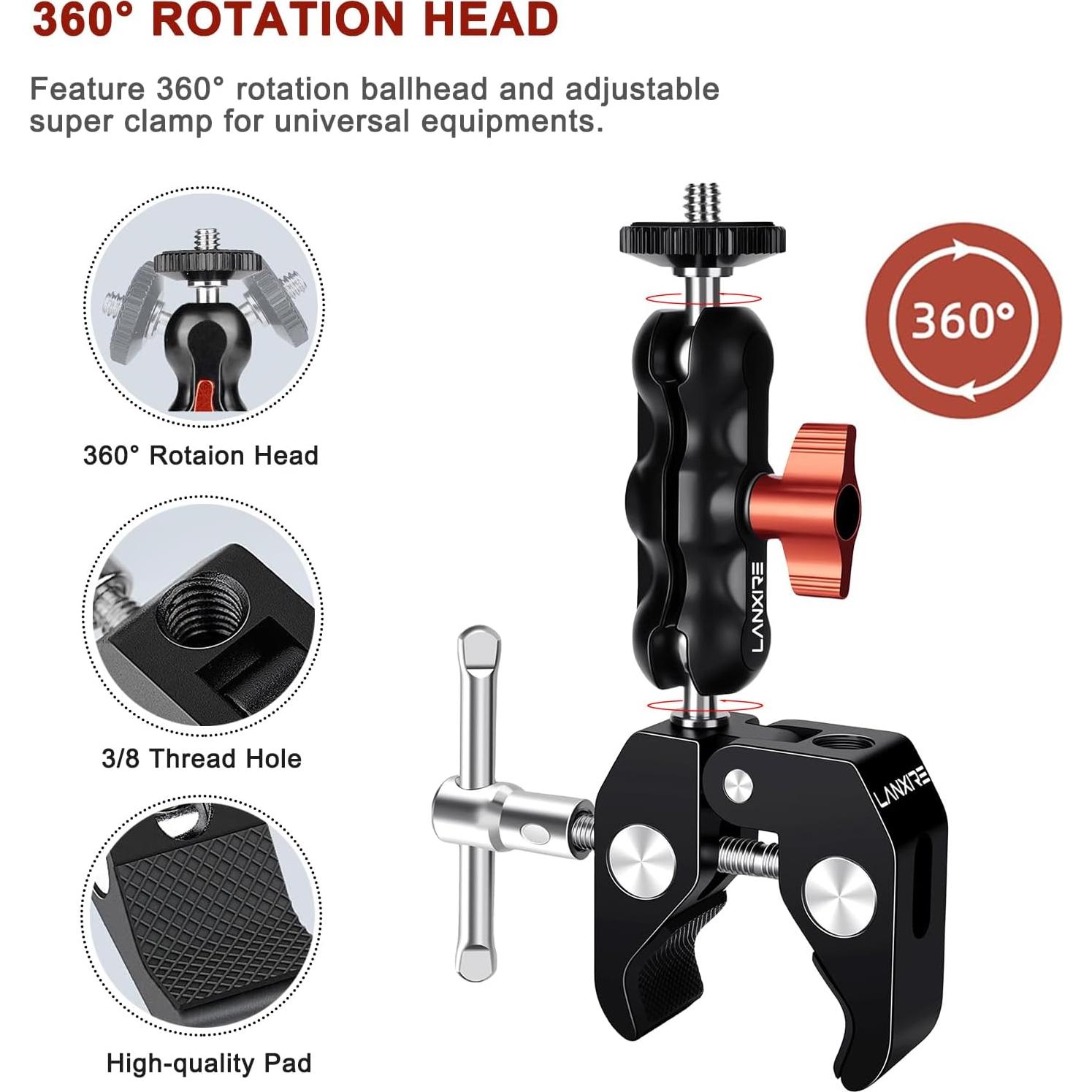 Soporte de cámara Super Clamp Lanxire con cabezal esférico 360°