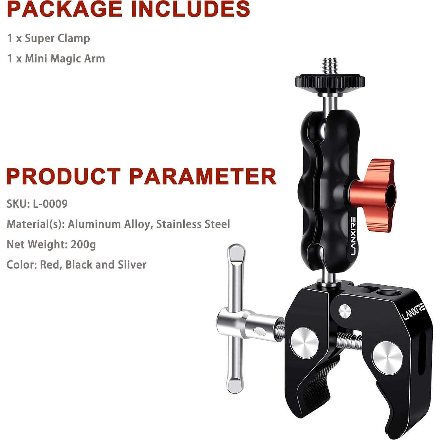 Soporte de cámara Super Clamp Lanxire con cabezal esférico 360°
