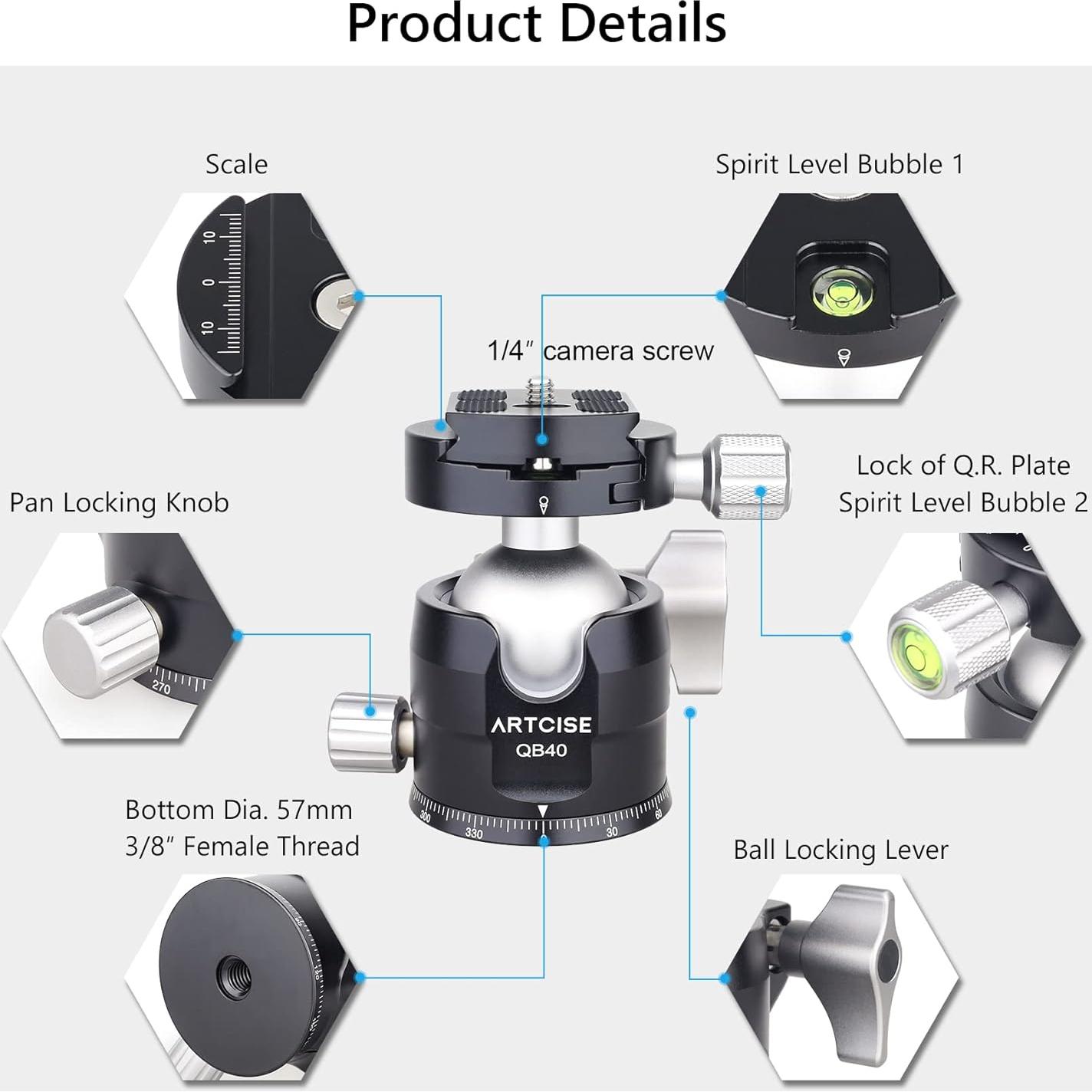 Cabezal de trípode ArtiCise 40mm con 2 placas liberación rápida