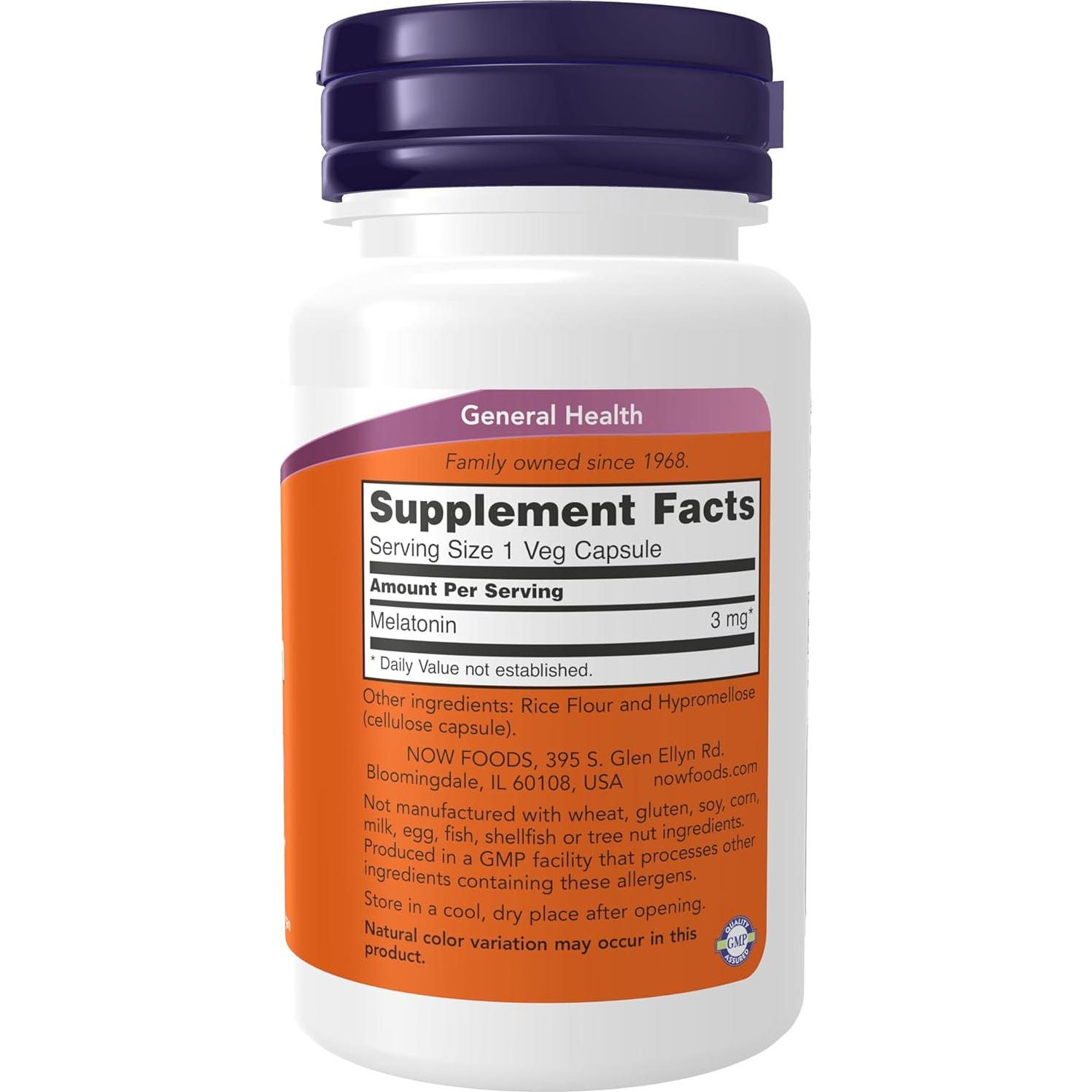 Melatonina 3 mg NOW Foods - 60 Cápsulas Veganas para Sueño Saludable