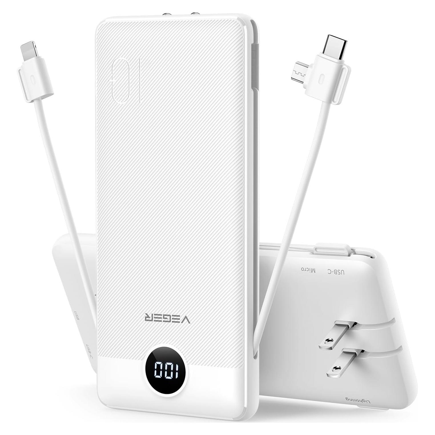 VEGER Portable Charger for iPhone Built in Cables and Wall Plug, 10000mah Slim Fast Charging USB C Power Bank, Travel Essential Battery Pack Compatible with iPhones, iPad, Samsung More Devices(White)