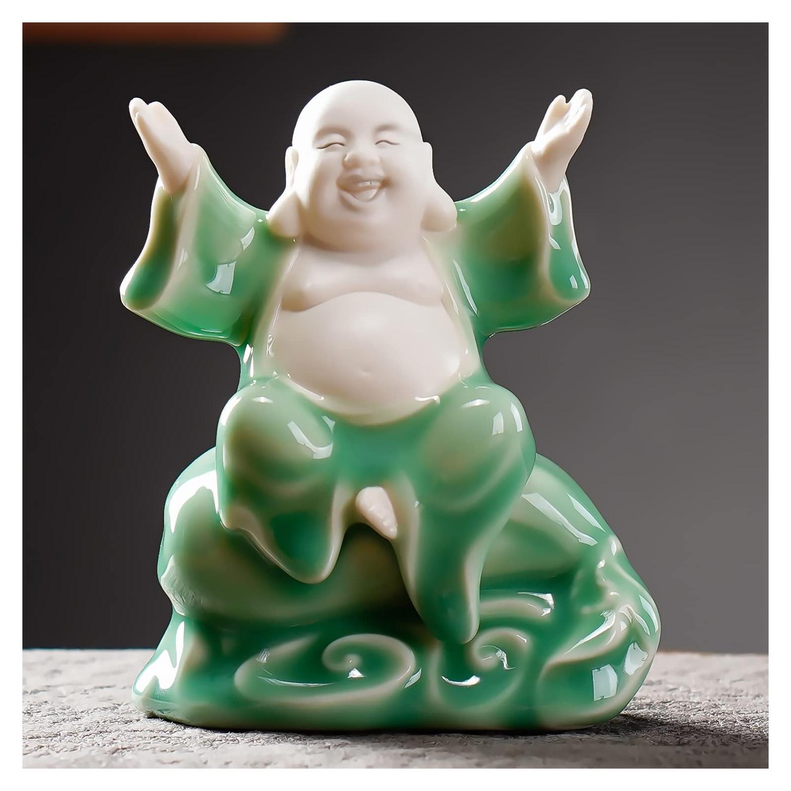 Estatua de Buda Risueño Cerámica Verde 11.3 cm para Buena Suerte