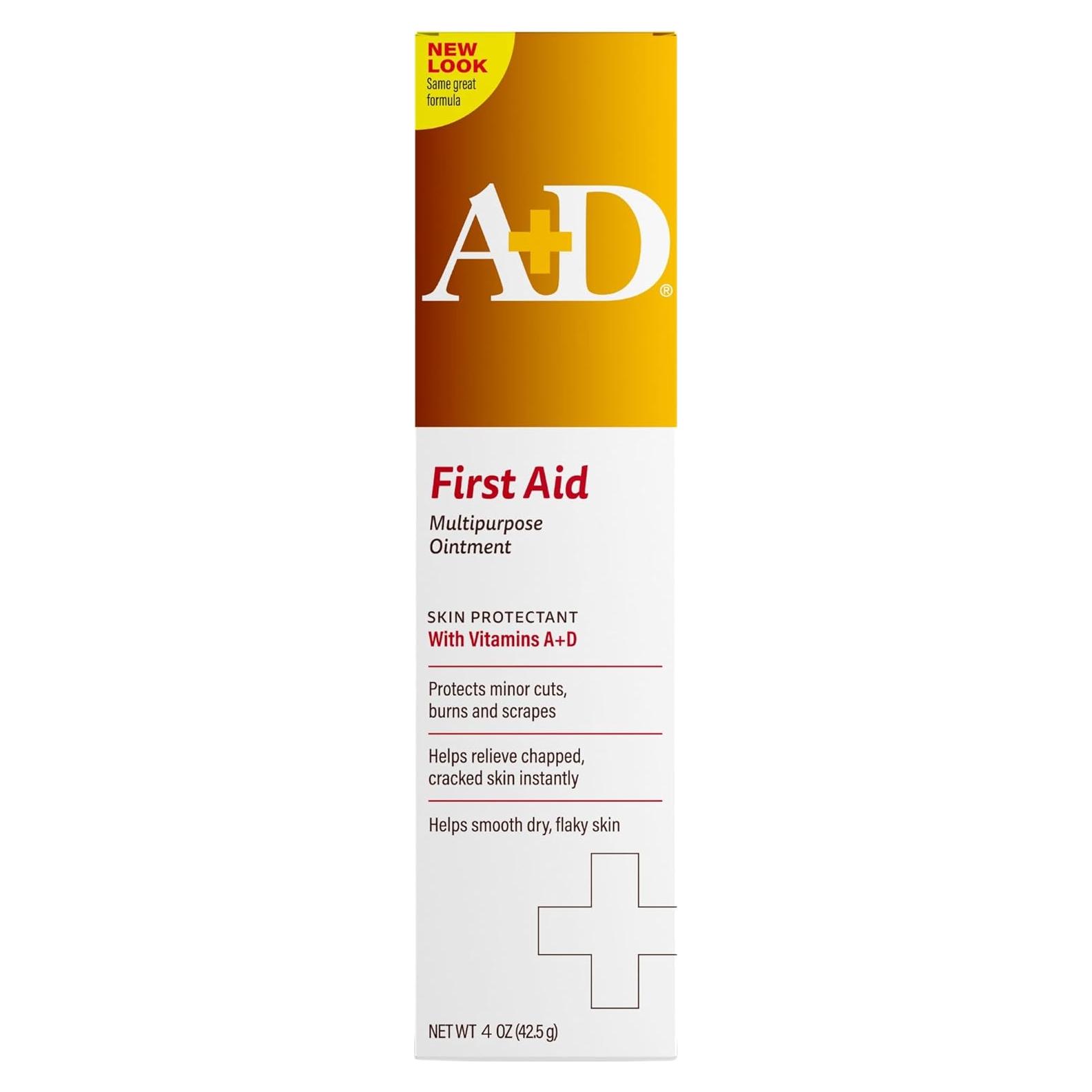 A+D First Aid Multipurpose Healing Ointment - Moisturizing Skin Protectant for Dry Cracked Heels, Elbows, Hands and Lips - Protects Minor Cuts, Burns, & Scrapes – 4 oz Tube