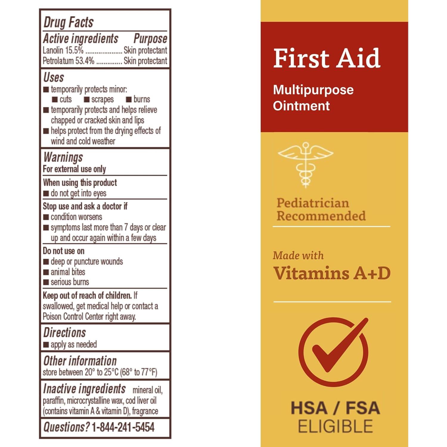 A+D First Aid Multipurpose Healing Ointment - Moisturizing Skin Protectant for Dry Cracked Heels, Elbows, Hands and Lips - Protects Minor Cuts, Burns, & Scrapes – 4 oz Tube