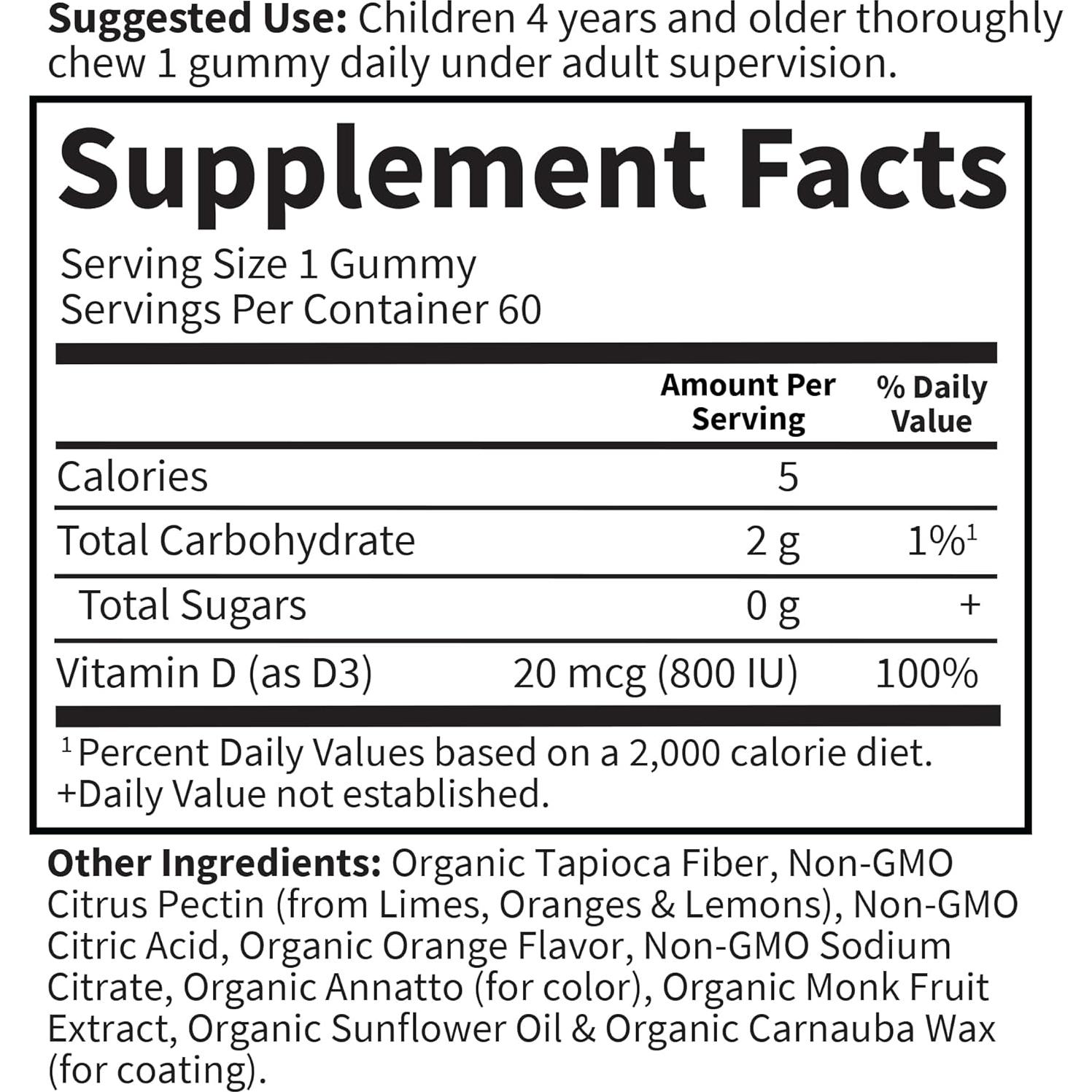 Gomas de Vitamina D3 Orgánica Jardín de Vida 800 IU 60 Porciones